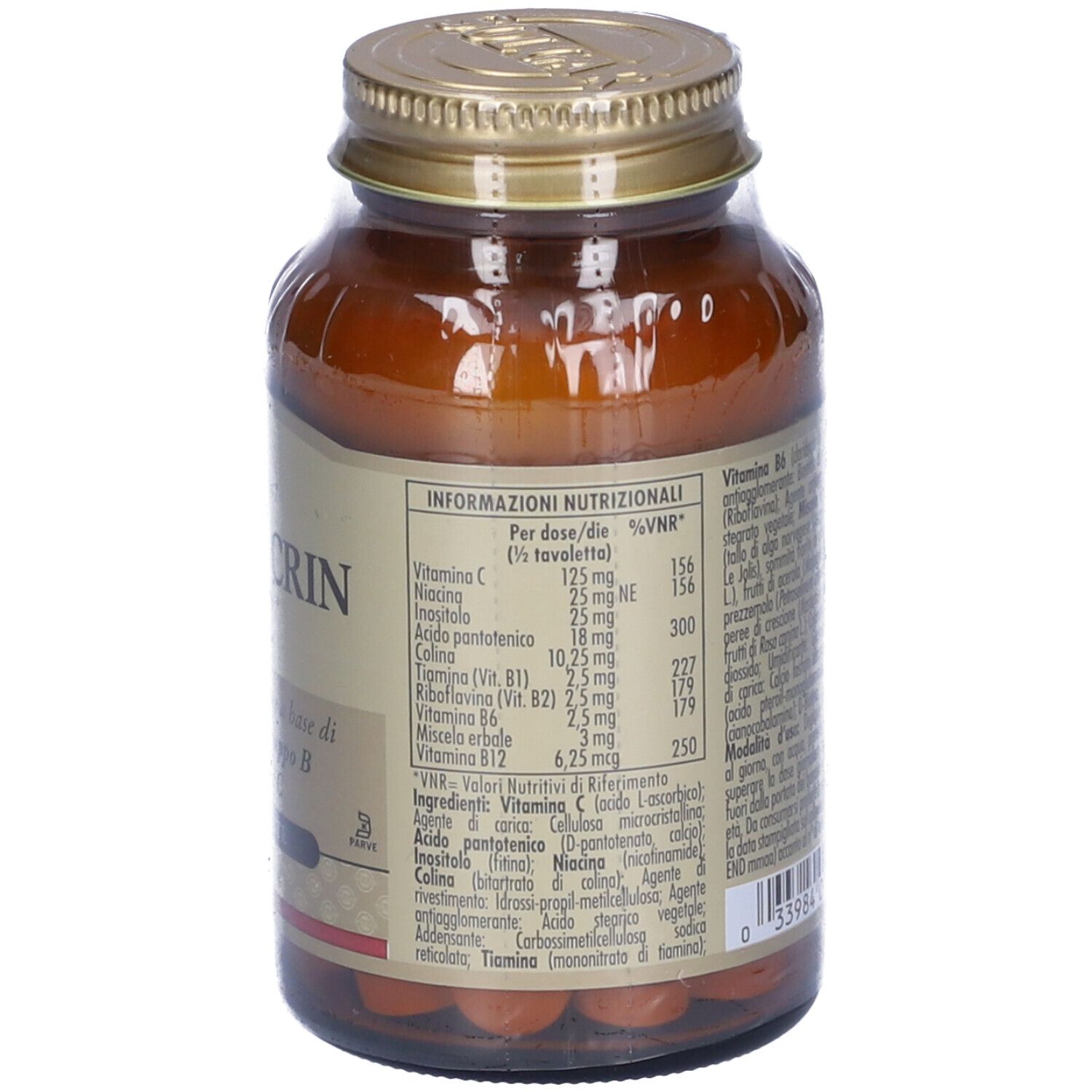 Braune Glasflasche mit goldenem Deckel. Rückseite mit Nährwertangaben und Inhaltsstoffen.