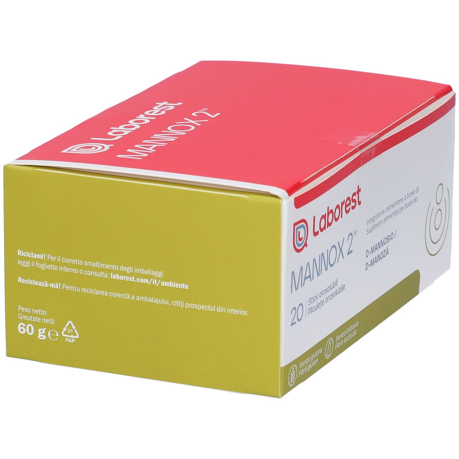 LABOREST MANNOX 2 Packung mit 20 Orosolubilen Sticks, D-Mannose-basiertes Nahrungsergänzungsmittel.