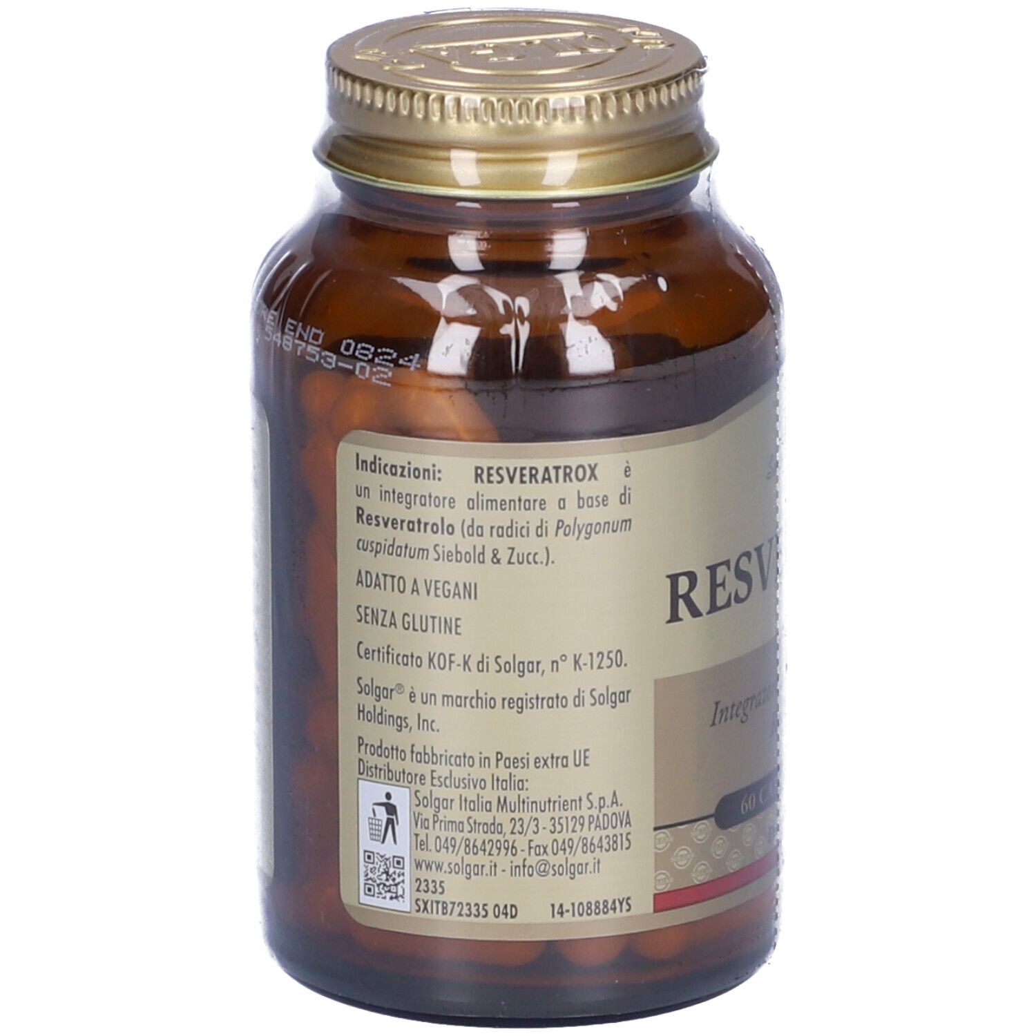 Rückseite einer braunen Glasflasche. Aufschrift: Resveratrox. Zutatenliste, Herstellerinformationen, Zertifizierung.