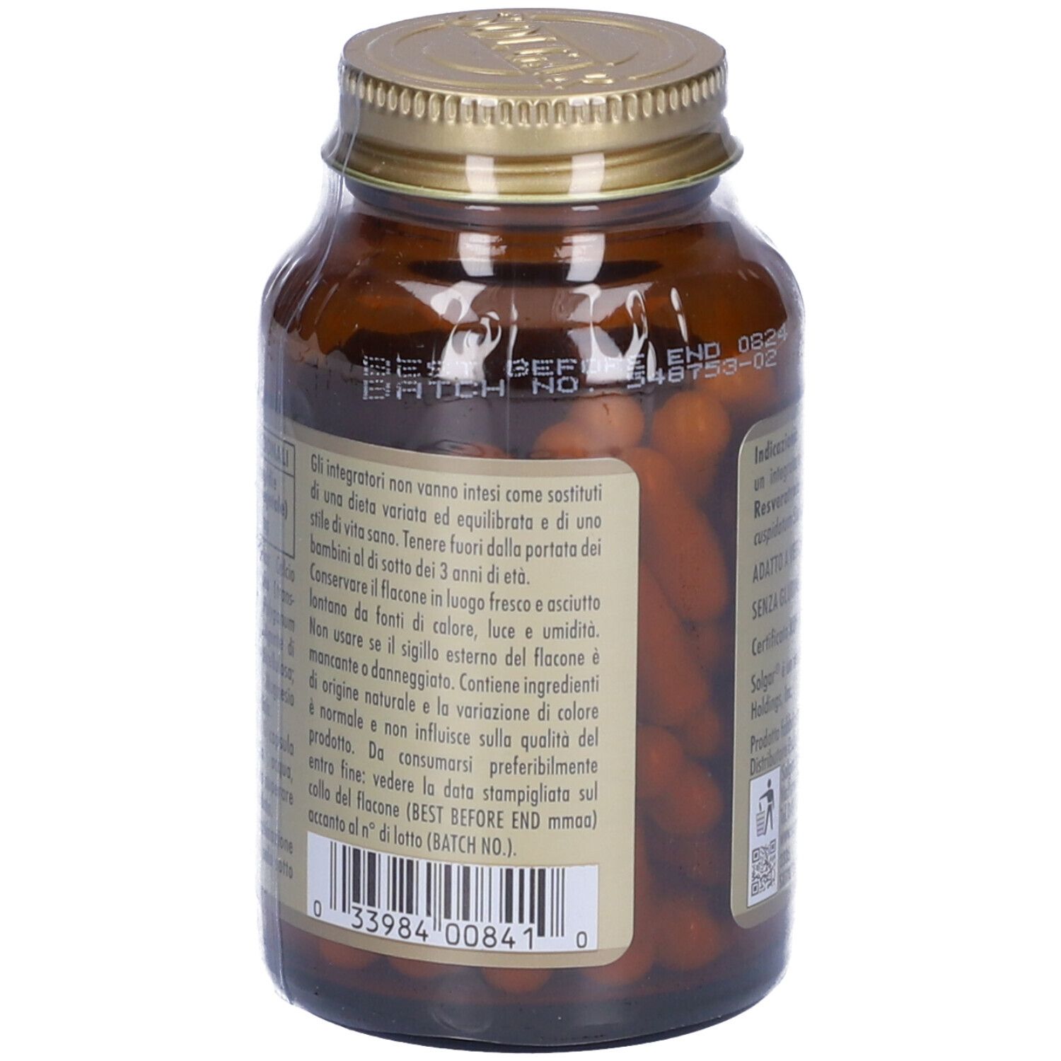 Rückseite einer braunen Glasflasche. Aufschrift: Resveratrox. Zutatenliste, Herstellerinformationen, Zertifizierung.