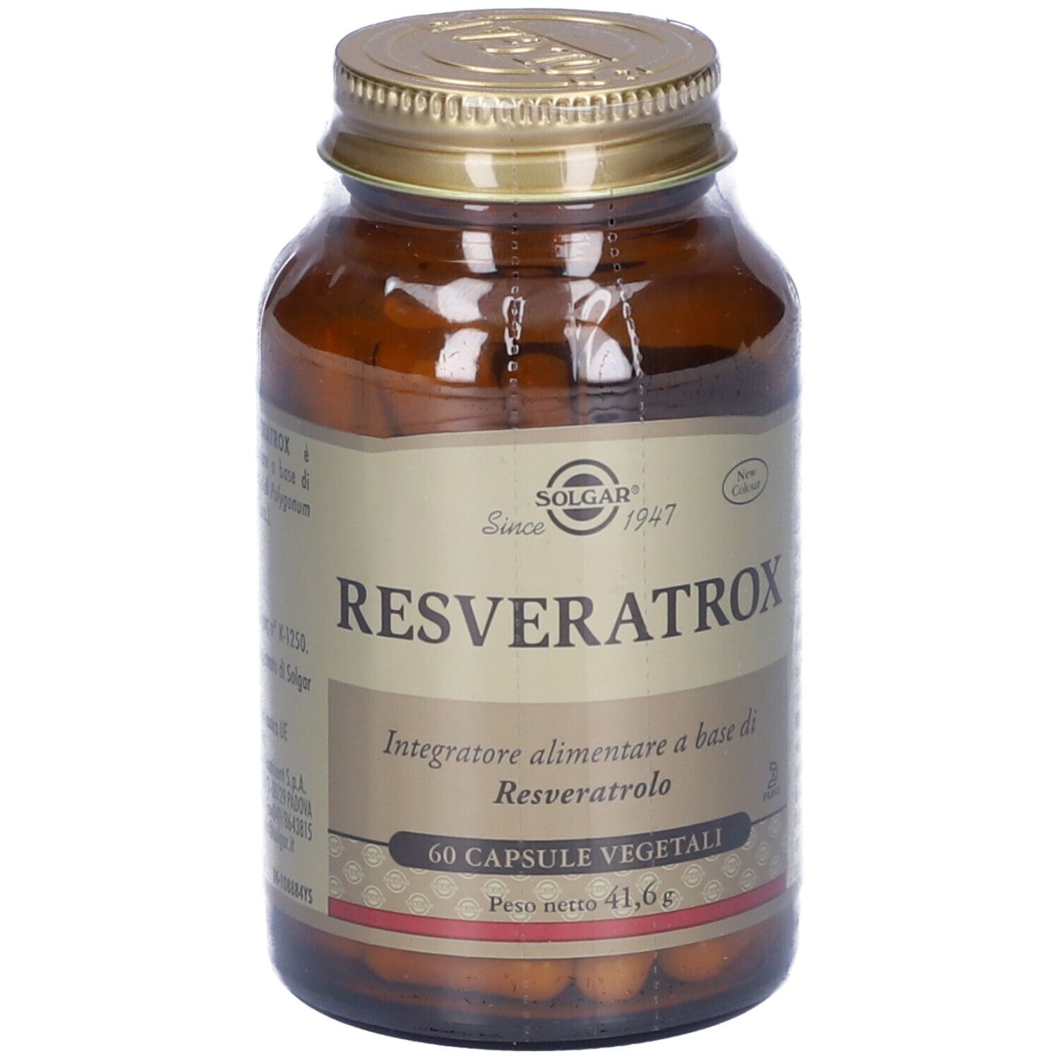 Braune Glasflasche mit goldfarbenem Deckel. Aufschrift: SOLGAR Resveratrox. 60 vegetarische Kapseln. Nettogewicht 41,6 g.