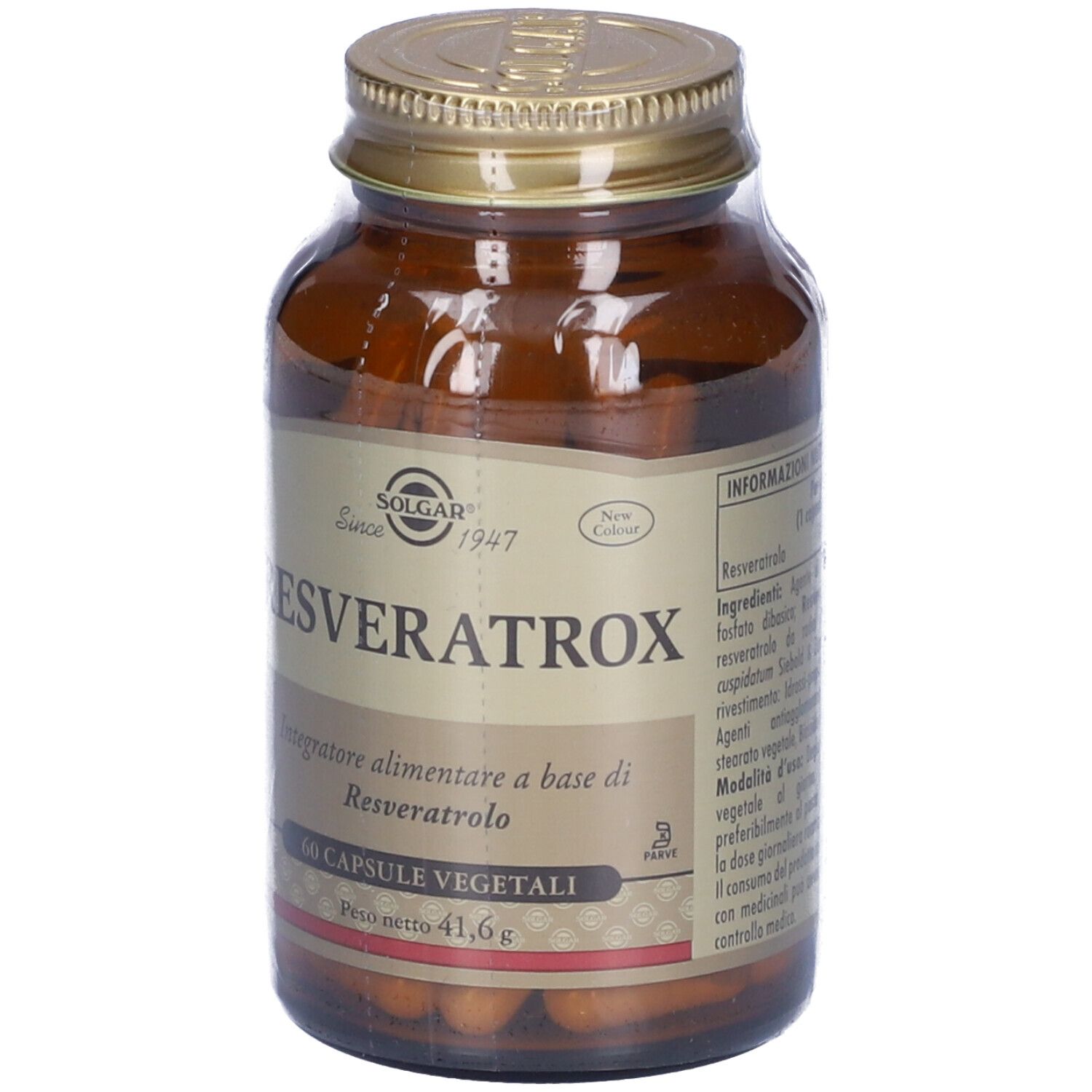 Braune Glasflasche mit goldfarbenem Deckel. Aufschrift: SOLGAR Resveratrox. 60 vegetarische Kapseln. Nettogewicht 41,6 g.