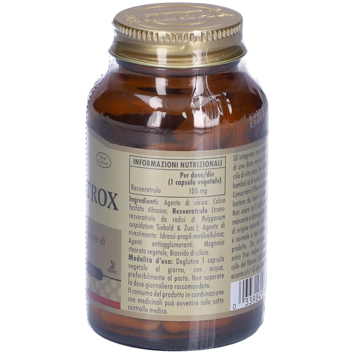 Rückseite einer braunen Glasflasche. Aufschrift: Resveratrox. Zutatenliste, Herstellerinformationen, Zertifizierung.