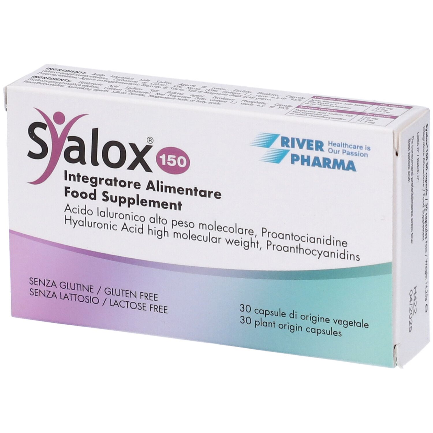 Karton Syalox 150, schräg. Aufschrift: Integratore Alimentare, Food Supplement. 30 Kapseln pflanzlichen Ursprungs. Glutenfrei, laktosefrei.