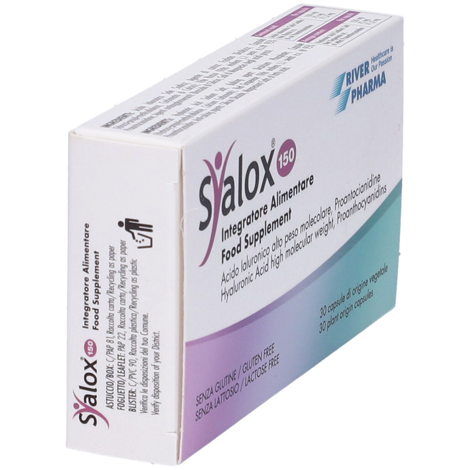 Karton Syalox 150, schräg. Aufschrift: Integratore Alimentare, Food Supplement. 30 Kapseln pflanzlichen Ursprungs. Glutenfrei, laktosefrei.