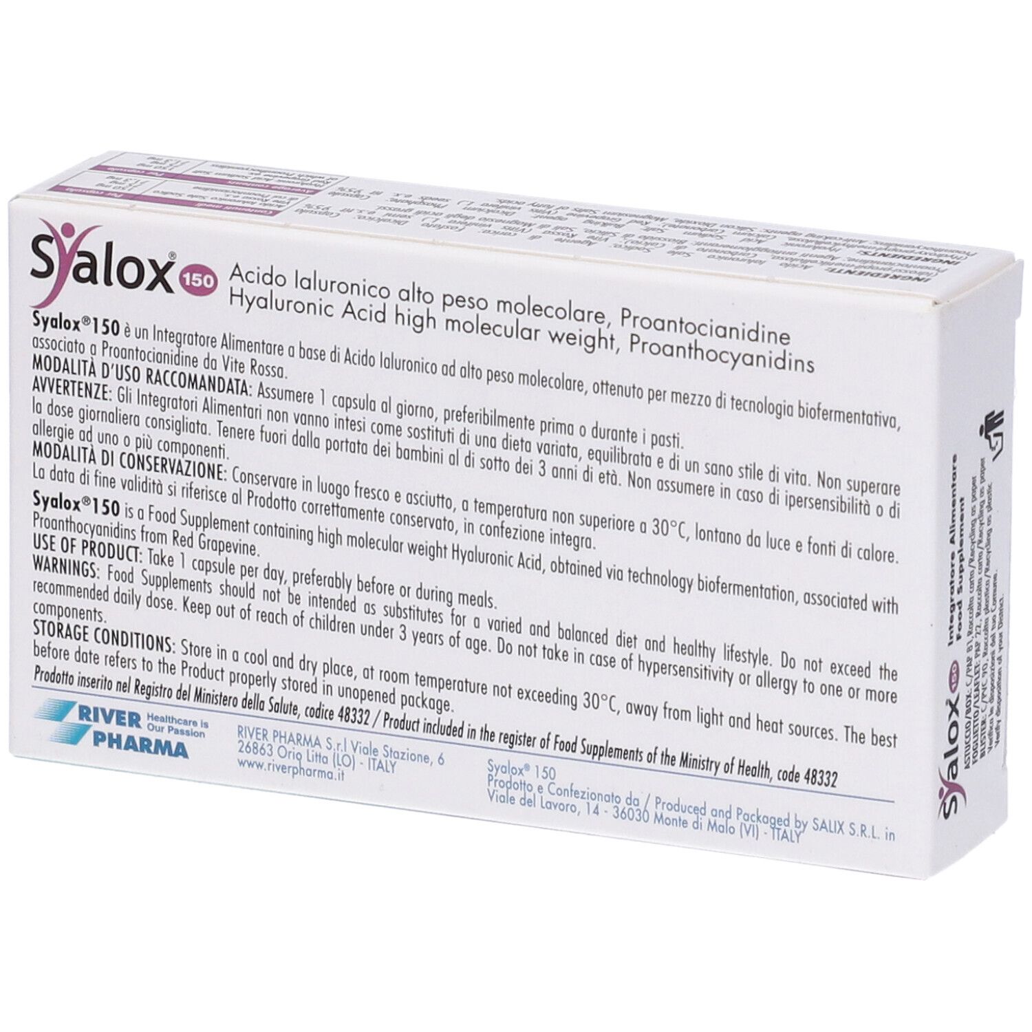 Karton Syalox 150, schräg. Aufschrift: Integratore Alimentare, Food Supplement. 30 Kapseln pflanzlichen Ursprungs. Glutenfrei, laktosefrei.