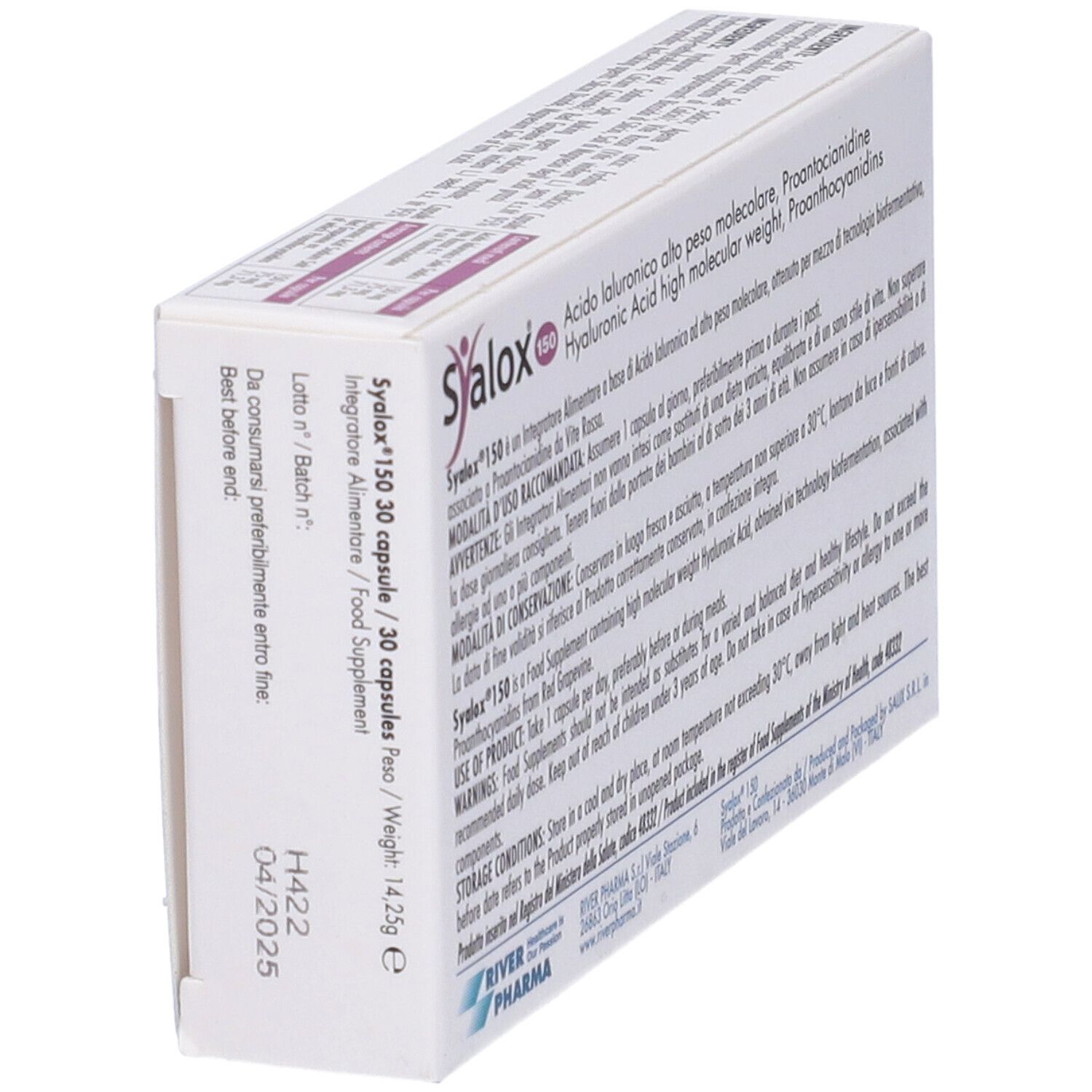 Rückseite der Syalox 150-Verpackung. Text: Acido Ialuronico, Proantocianidine. 30 Kapseln. Glutenfrei, laktosefrei. Haltbarkeit.
