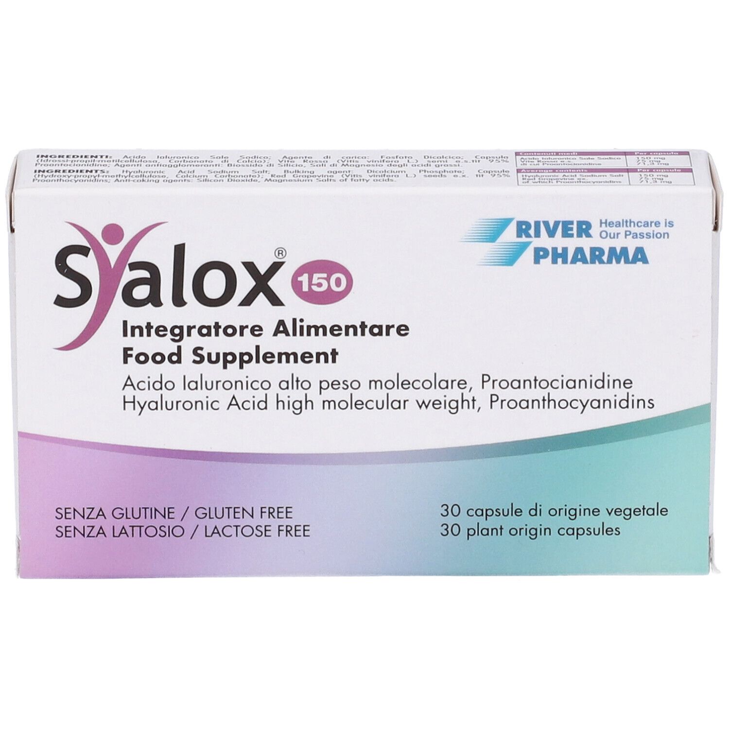 Rückseite der Syalox 150-Verpackung. Text: Acido Ialuronico, Proantocianidine. 30 Kapseln. Glutenfrei, laktosefrei. Haltbarkeit.