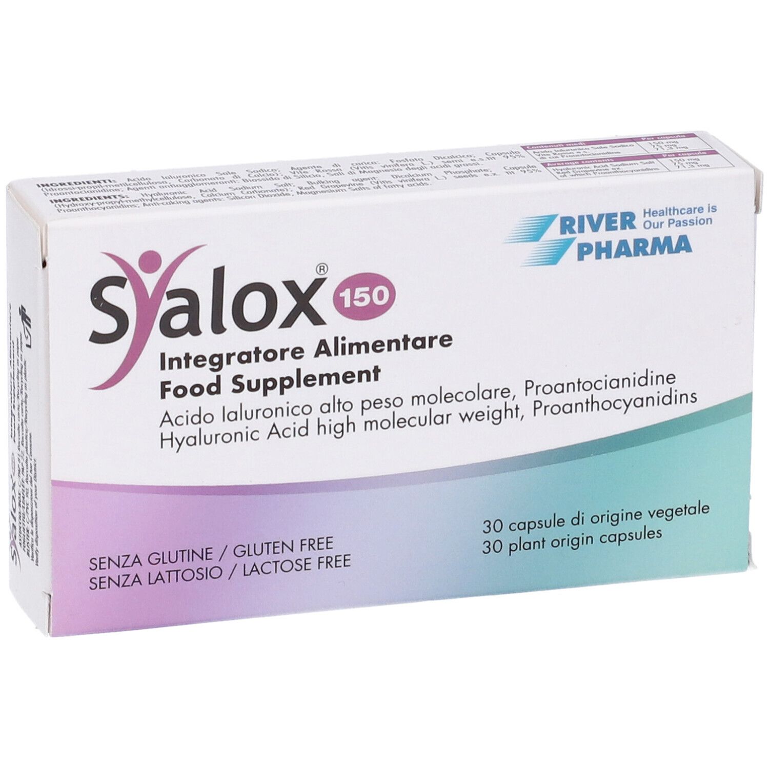 Karton Syalox 150. Aufschrift: Integratore Alimentare, Food Supplement. 30 Kapseln pflanzlichen Ursprungs. Glutenfrei, laktosefrei.