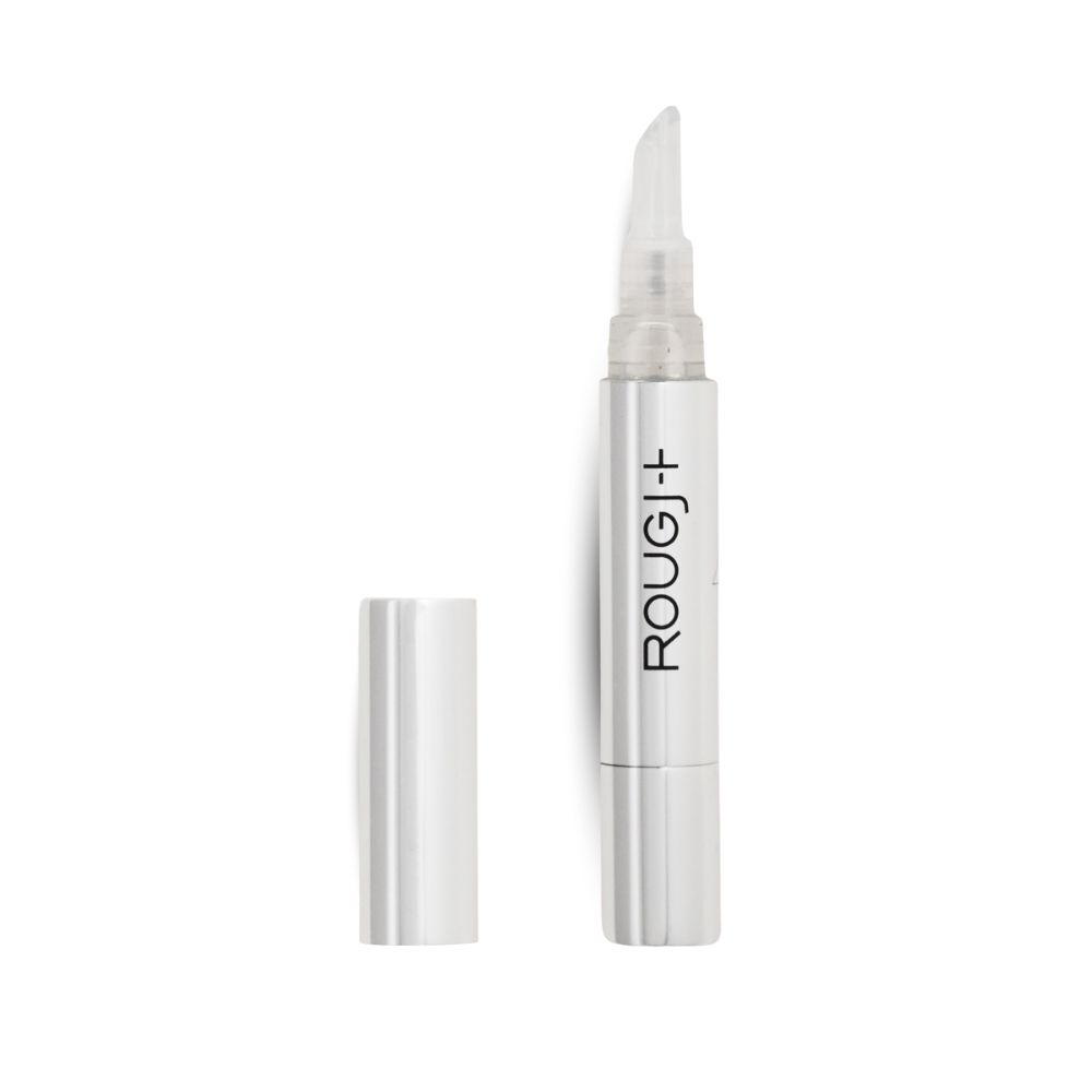 Silberfarbener Stift mit transparentem Applikator. Deckel daneben. Aufschrift ROUGJ+.