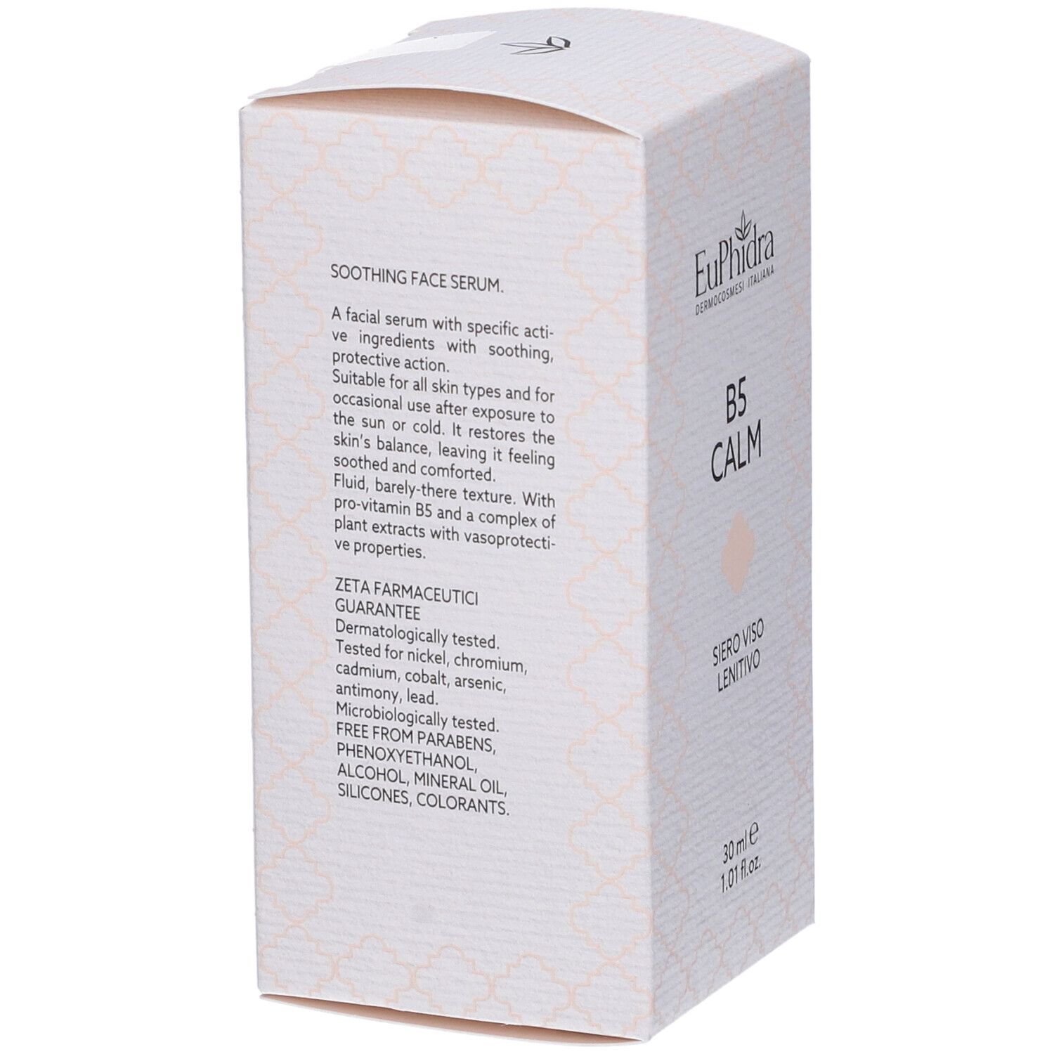 Boîte de Euphidra B5 Calm Siero Viso Lenitivo. Texte sur le côté. Testé dermatologiquement.