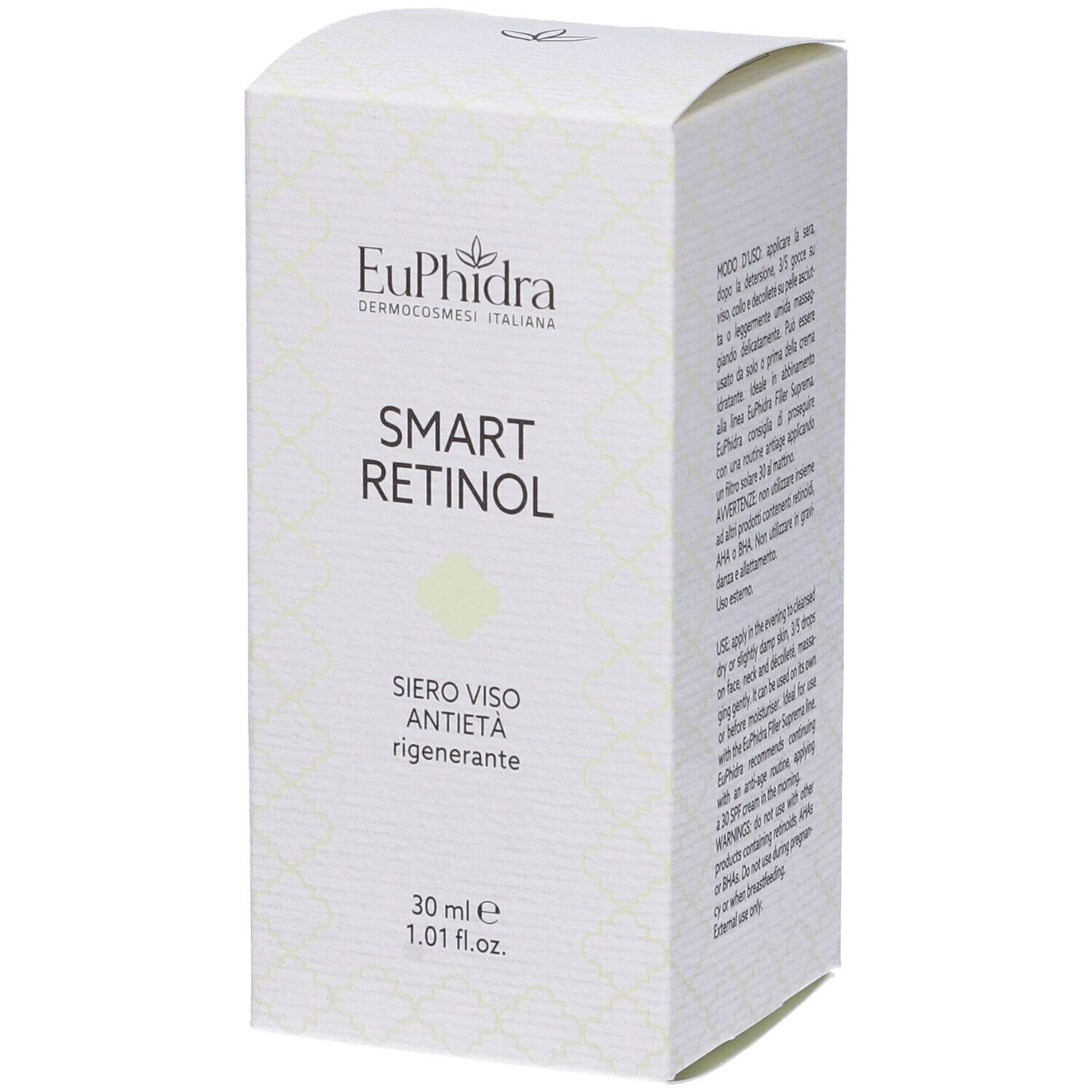 Boîte blanche avec logo et nom du produit. Texte: Smart Retinol, Siero Viso Antietà. 30 ml.