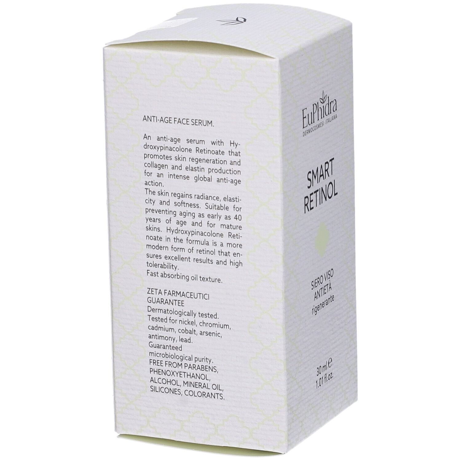 Boîte blanche avec informations produit. Texte: Anti-Age Face Serum, Garantie Zeta Farmaceutici, 30 ml.