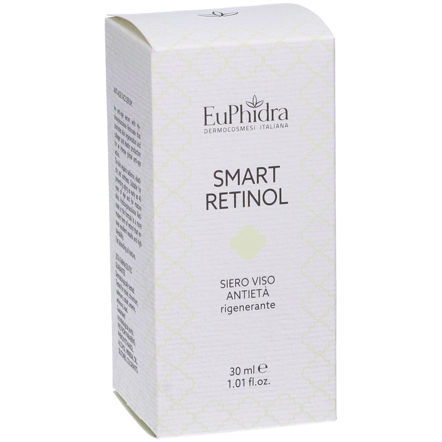 Boîte blanche avec logo et nom du produit. Texte: Smart Retinol, Siero Viso Antietà. 30 ml.