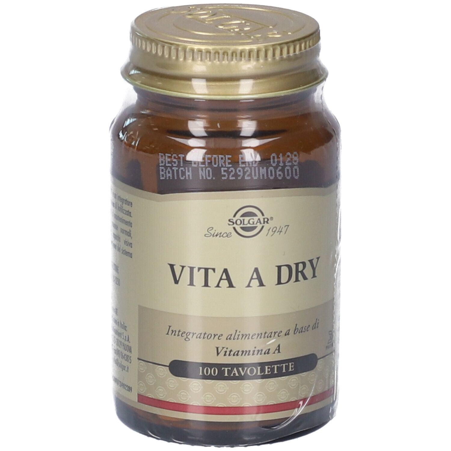 Braune Glasflasche mit goldfarbenem Deckel. Aufschrift: SOLGAR Vita A Dry, 100 Tabletten. Klare Plastikverpackung.