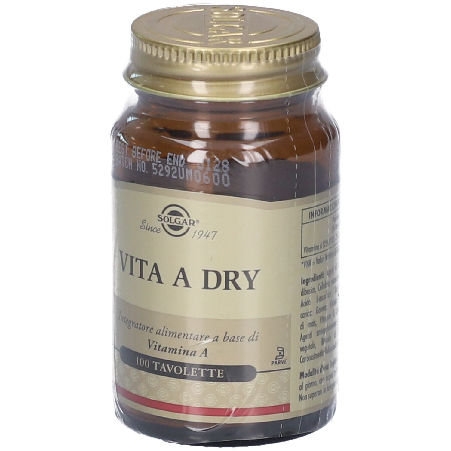 Braune Glasflasche mit goldfarbenem Deckel. Aufschrift: SOLGAR Vita A Dry, 100 Tabletten. Klare Plastikverpackung.