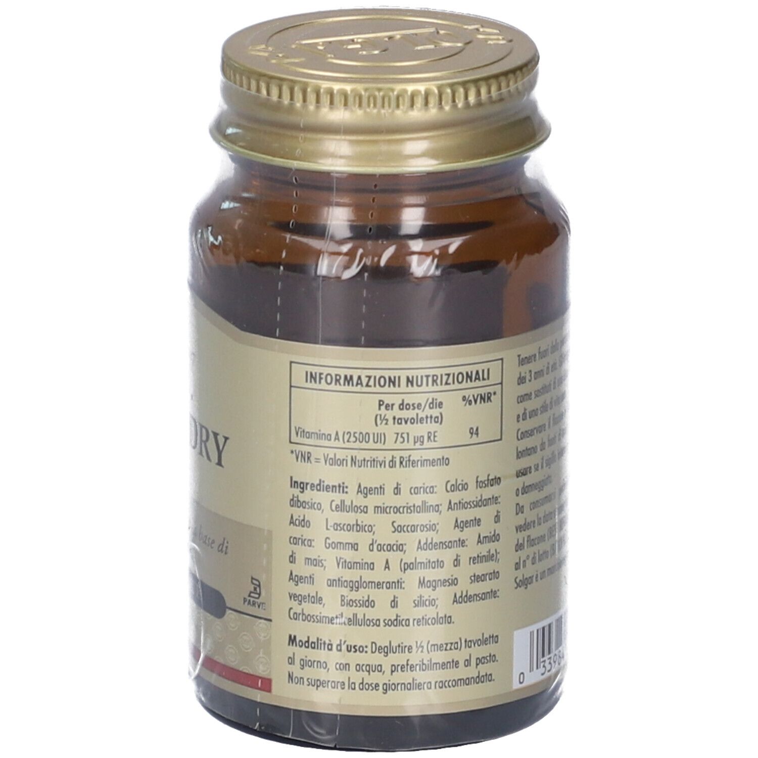 Rückansicht einer braunen Glasflasche mit goldfarbenem Deckel. Aufschrift: Vita A Dry. Etikett mit Nährwertangaben und Inhaltsstoffen.