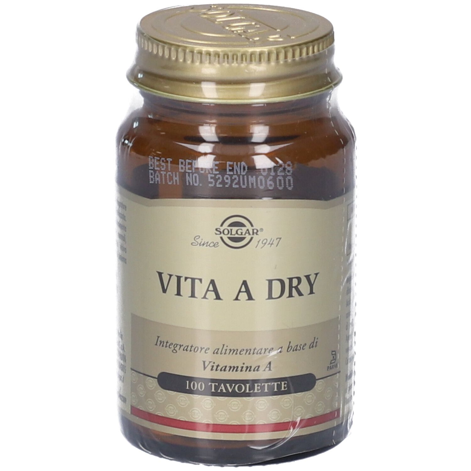 Braune Glasflasche mit goldfarbenem Deckel. Aufschrift: SOLGAR Vita A Dry, 100 Tabletten. Klare Plastikverpackung.