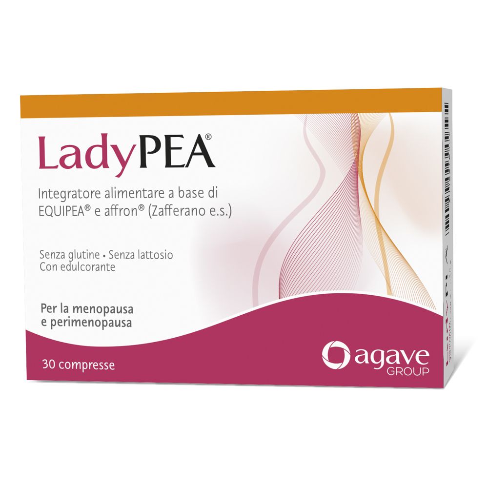 Boîte de Ladypea 30 comprimés. Boîte blanche et orange avec nom du produit et informations. Logo Agave Group.