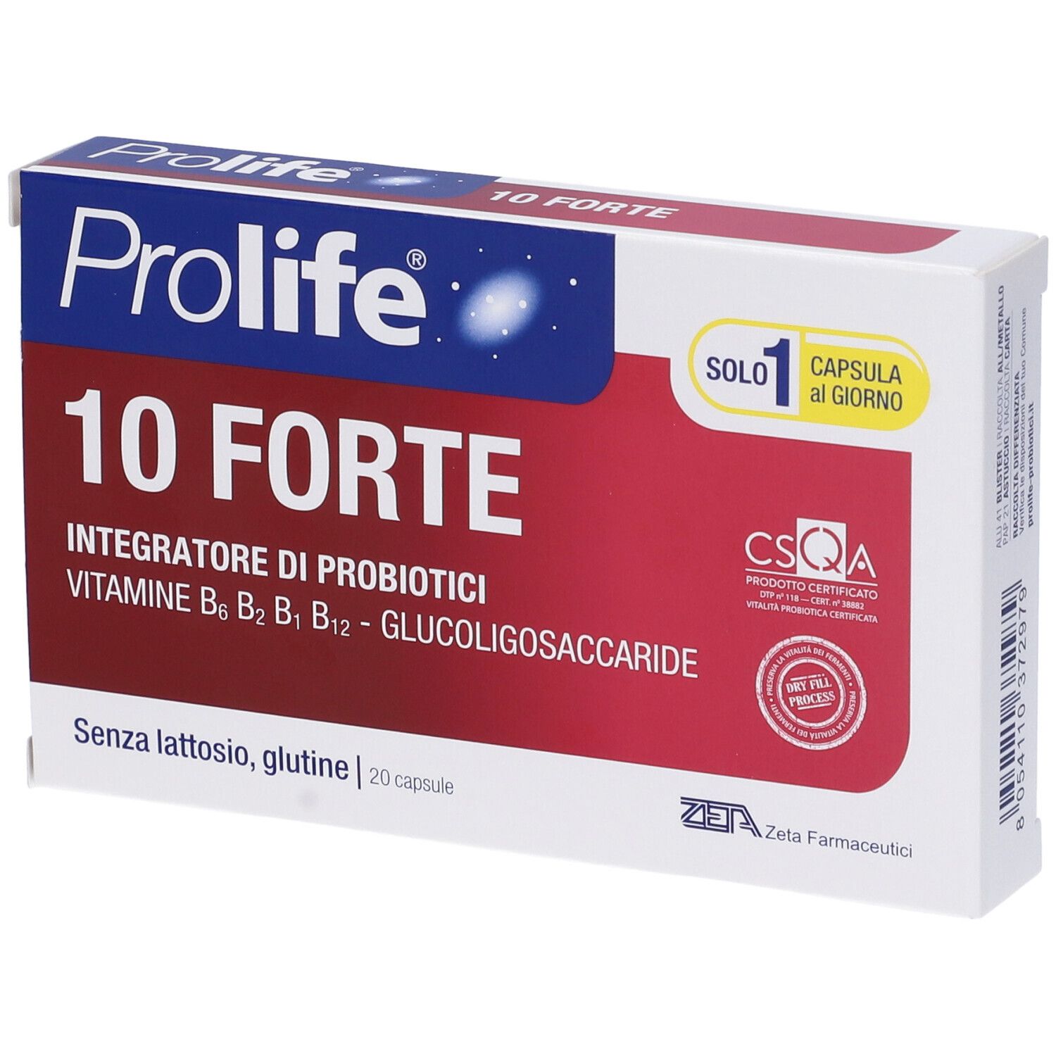 Weiße Schachtel mit rotem Feld. Aufschrift: Prolife 10 Forte, Integratore di Probiotici. Enthält 20 Kapseln. CSQA-Zertifizierung.