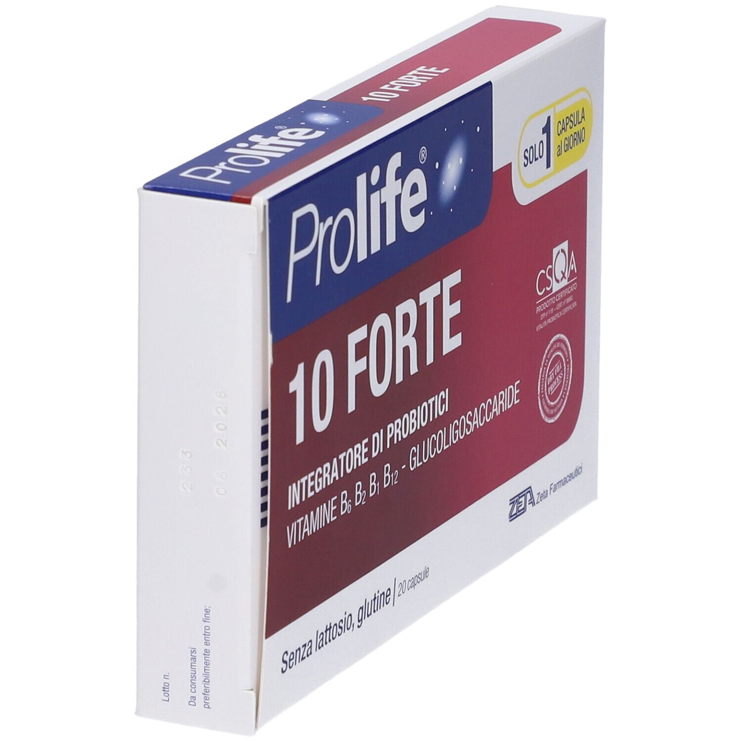 Schachtel, weiß und rot, mit Aufschrift Prolife 10 Forte. Enthält 20 Kapseln. CSQA-Zertifizierung. Perspektivische Ansicht.