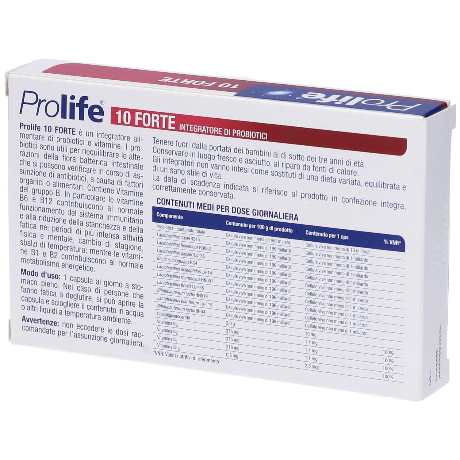 Rückseite der Schachtel mit Text. Enthält Informationen zu Inhaltsstoffen und Anwendung. CSQA-Zertifizierung. Zeta Farmaceutici.