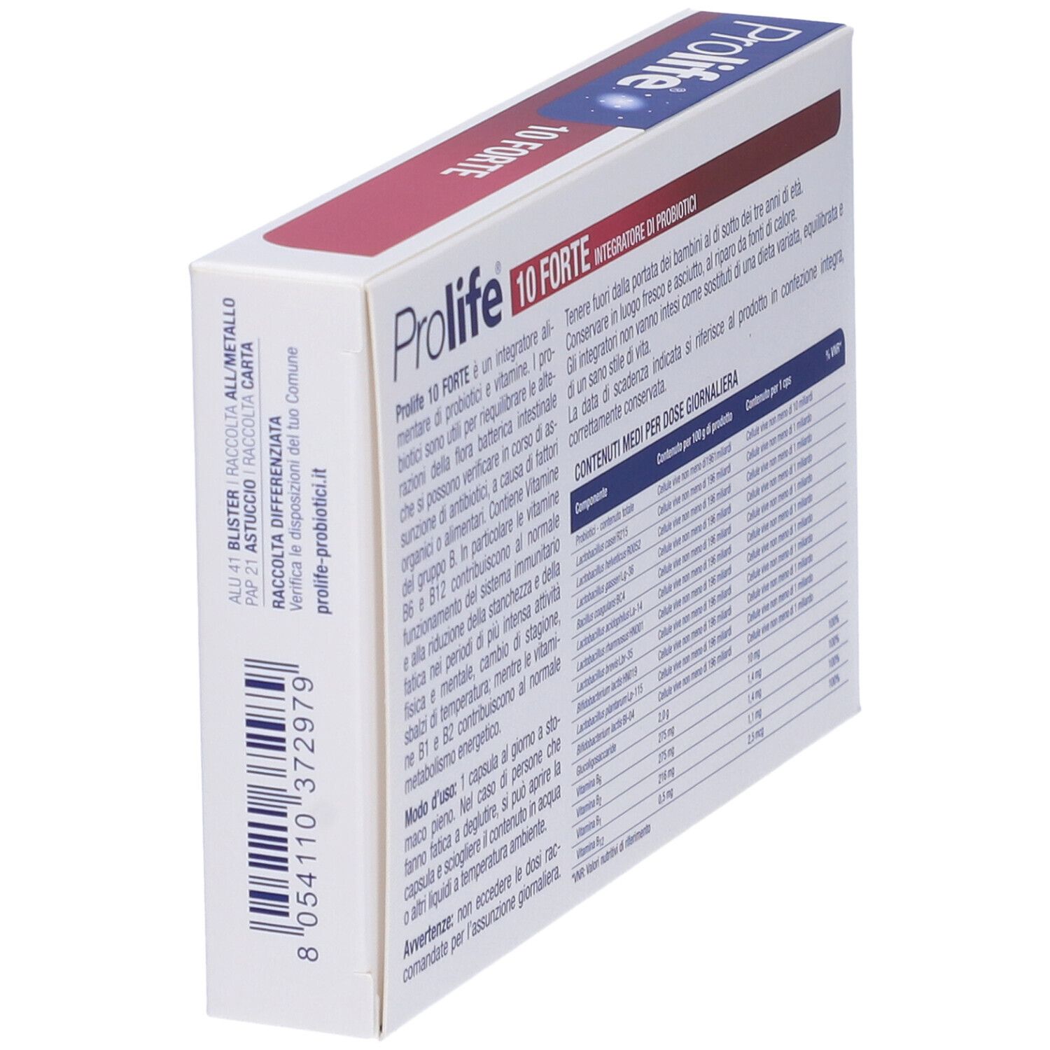 Schachtel, Rückseite mit Text. Enthält Informationen zu Inhaltsstoffen und Anwendung. CSQA-Zertifizierung. Zeta Farmaceutici.