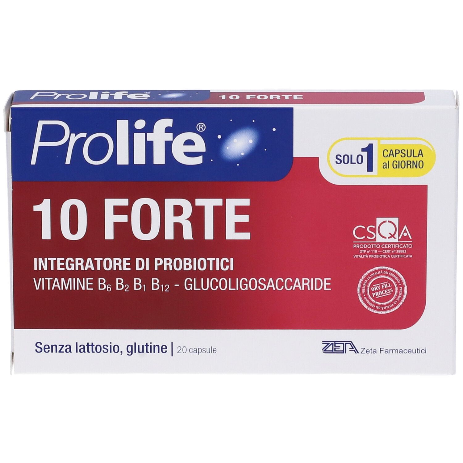 Weiße Schachtel mit rotem Feld. Aufschrift: Prolife 10 Forte, Integratore di Probiotici. Enthält 20 Kapseln. CSQA-Zertifizierung.