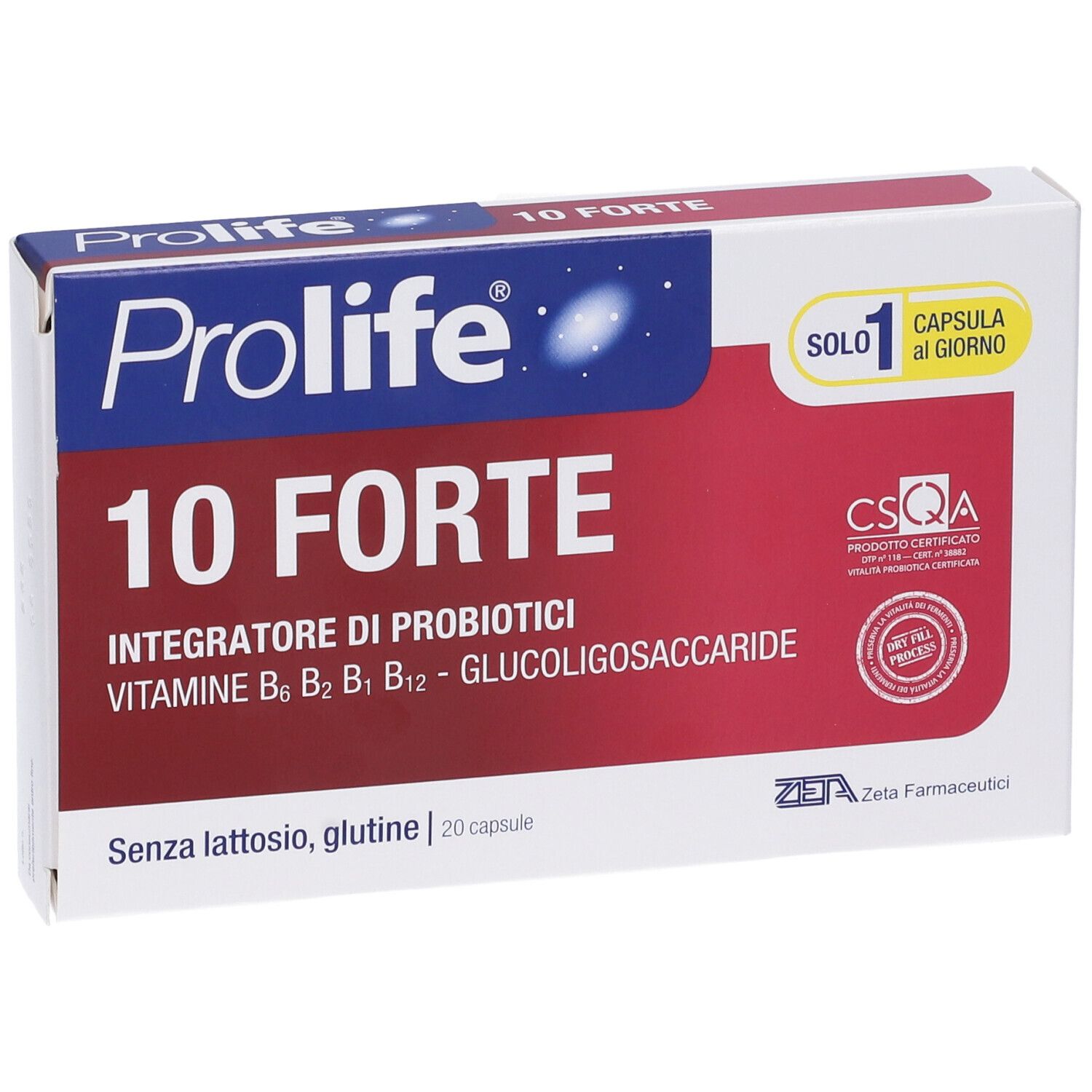Weiße Schachtel mit rotem Feld. Aufschrift: Prolife 10 Forte, Integratore di Probiotici. Enthält 20 Kapseln. CSQA-Zertifizierung.