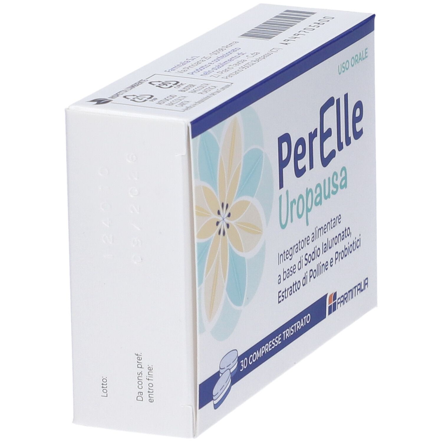 Boîte PerElle Uropausa Compresse Tristrato, vue latérale. Inscription : Uso Orale, 30 compresse tristrato.