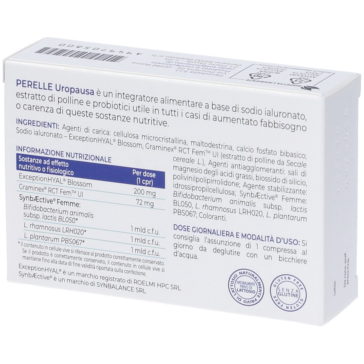 Dos de la boîte PerElle Uropausa Compresse Tristrato. Contient des informations sur les ingrédients et la valeur nutritionnelle.