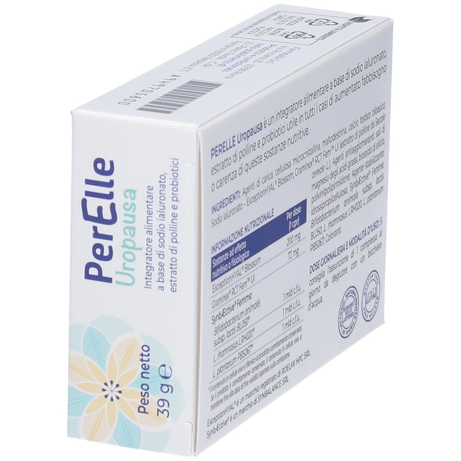 Boîte PerElle Uropausa Compresse Tristrato. Vue en biais. Inscription : Peso netto 39g.