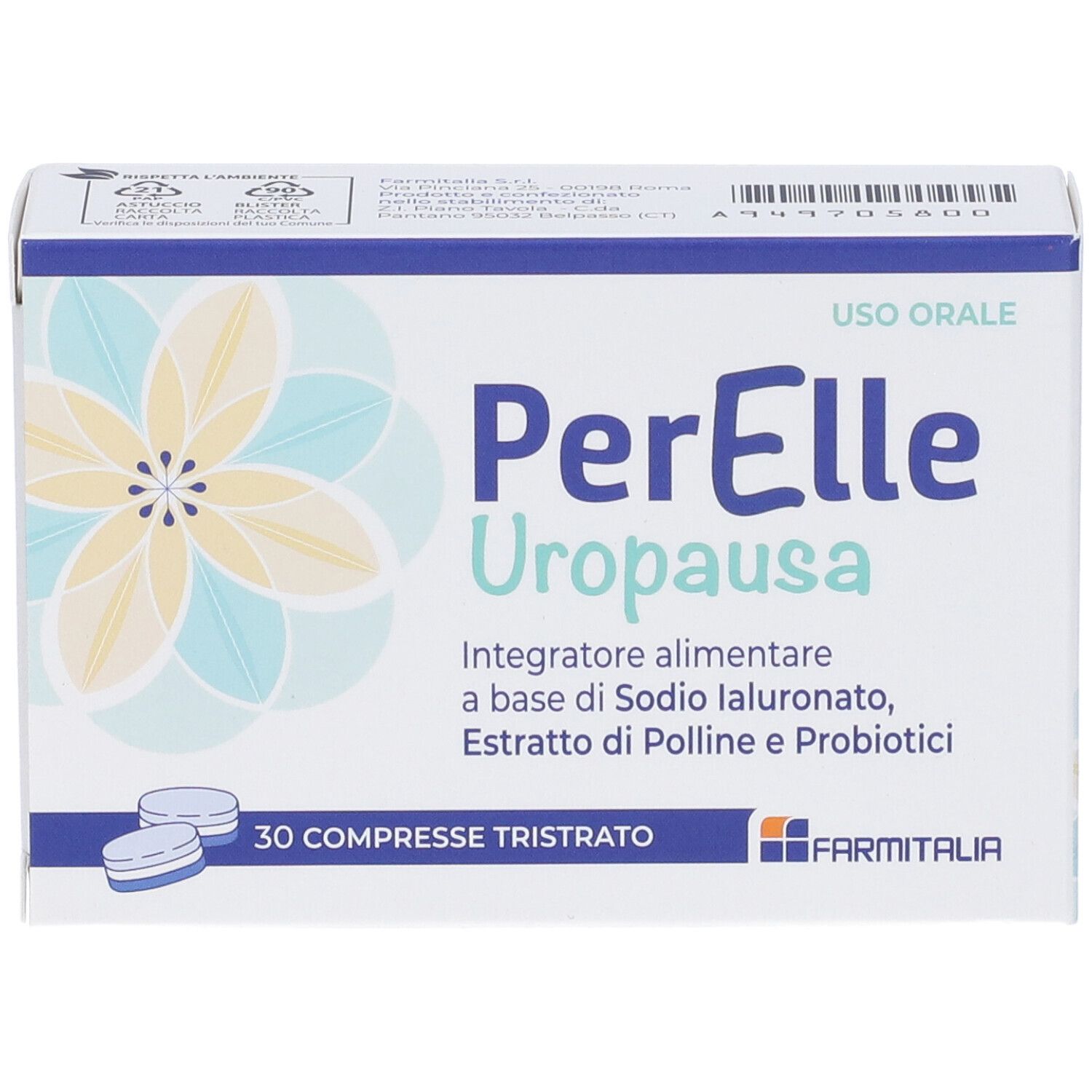 Boîte de PerElle Uropausa Compresse Tristrato. Inscription : Uso Orale, 30 comprimés. Deux comprimés sont visibles.