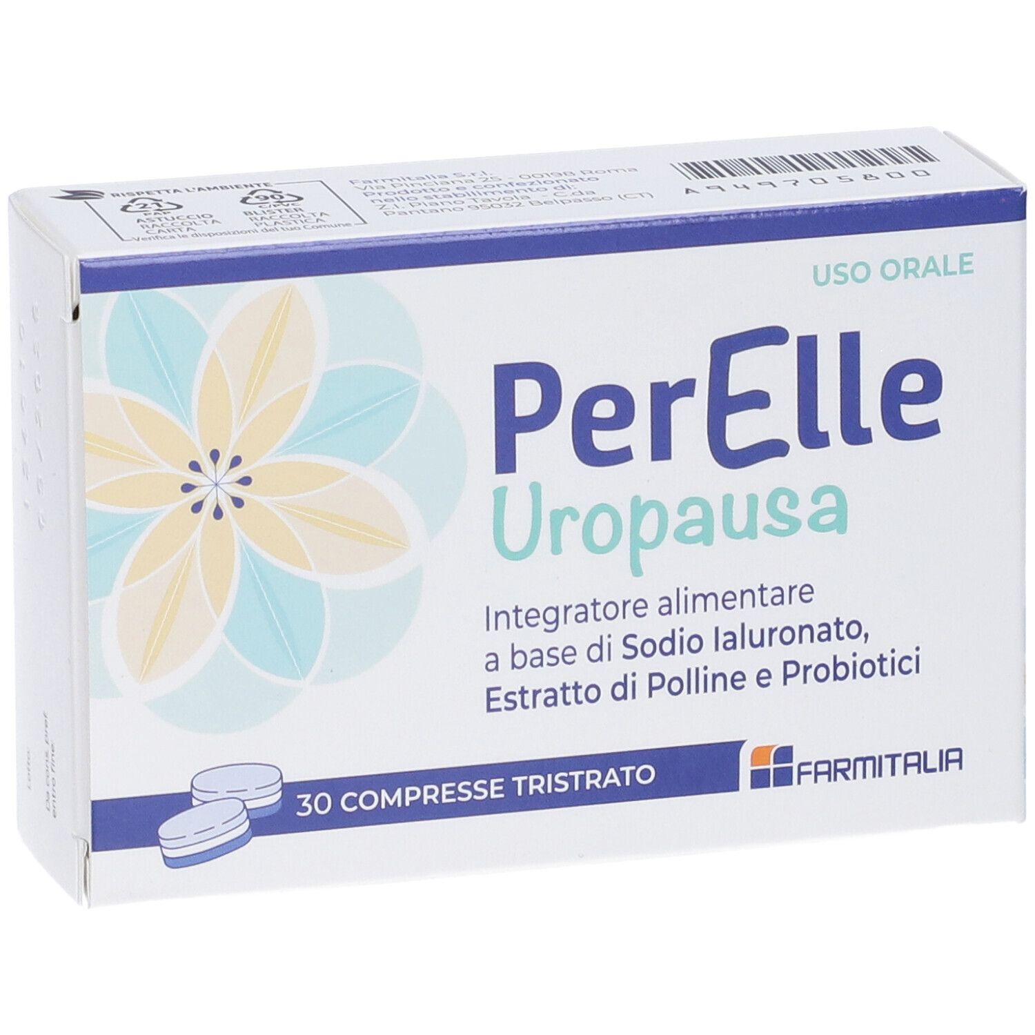 Boîte de PerElle Uropausa Compresse Tristrato. Inscription : Uso Orale, 30 comprimés. Deux comprimés sont visibles.