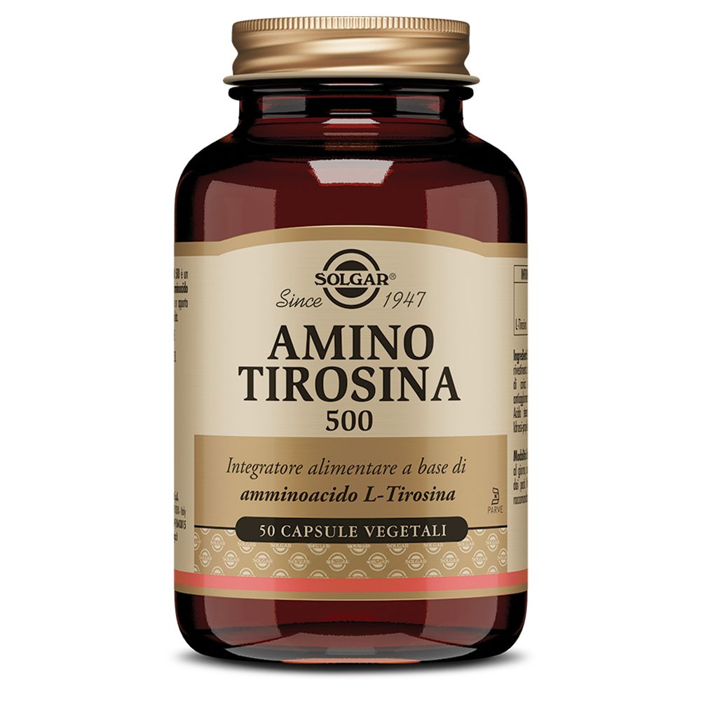 Braune Glasflasche mit goldenem Deckel. Auf dem Etikett steht: AMINO TIROSINA 500, 50 Kapseln. Marke: SOLGAR.