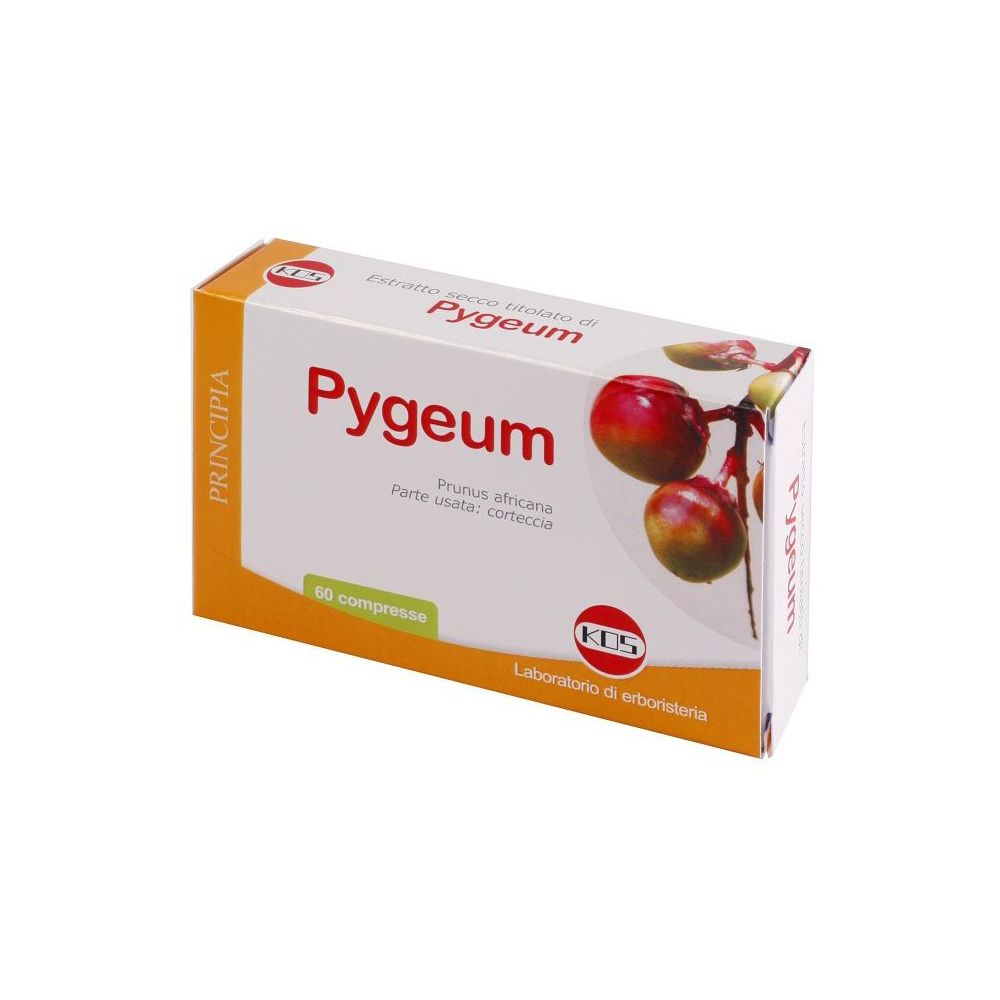 KOS Pygeum-Verpackung. Orange-weiße Schachtel mit Produktnamen und Abbildung von Früchten. 60 Tabletten.