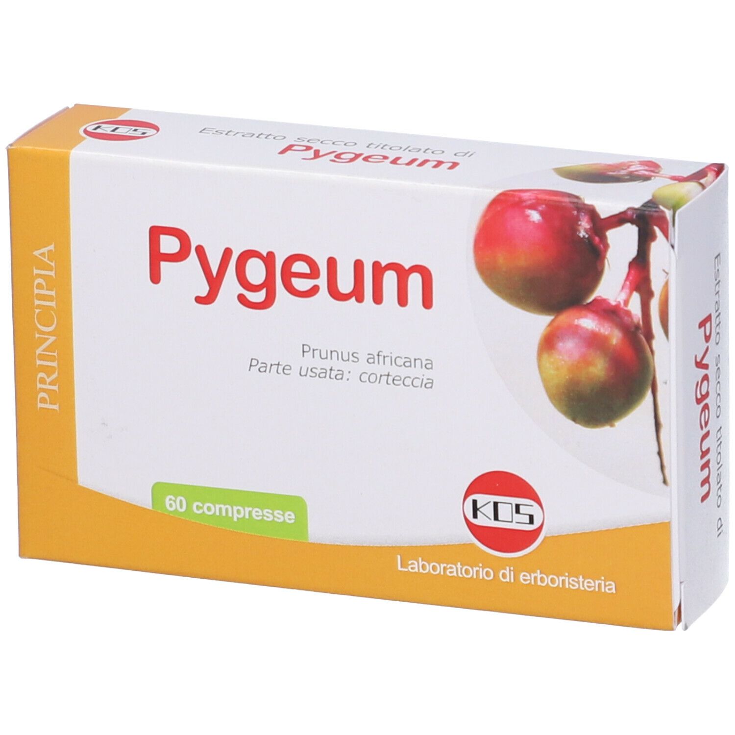 KOS Pygeum-Verpackung. Orange-weiße Schachtel mit Produktnamen und Abbildung von Früchten. 60 Tabletten.