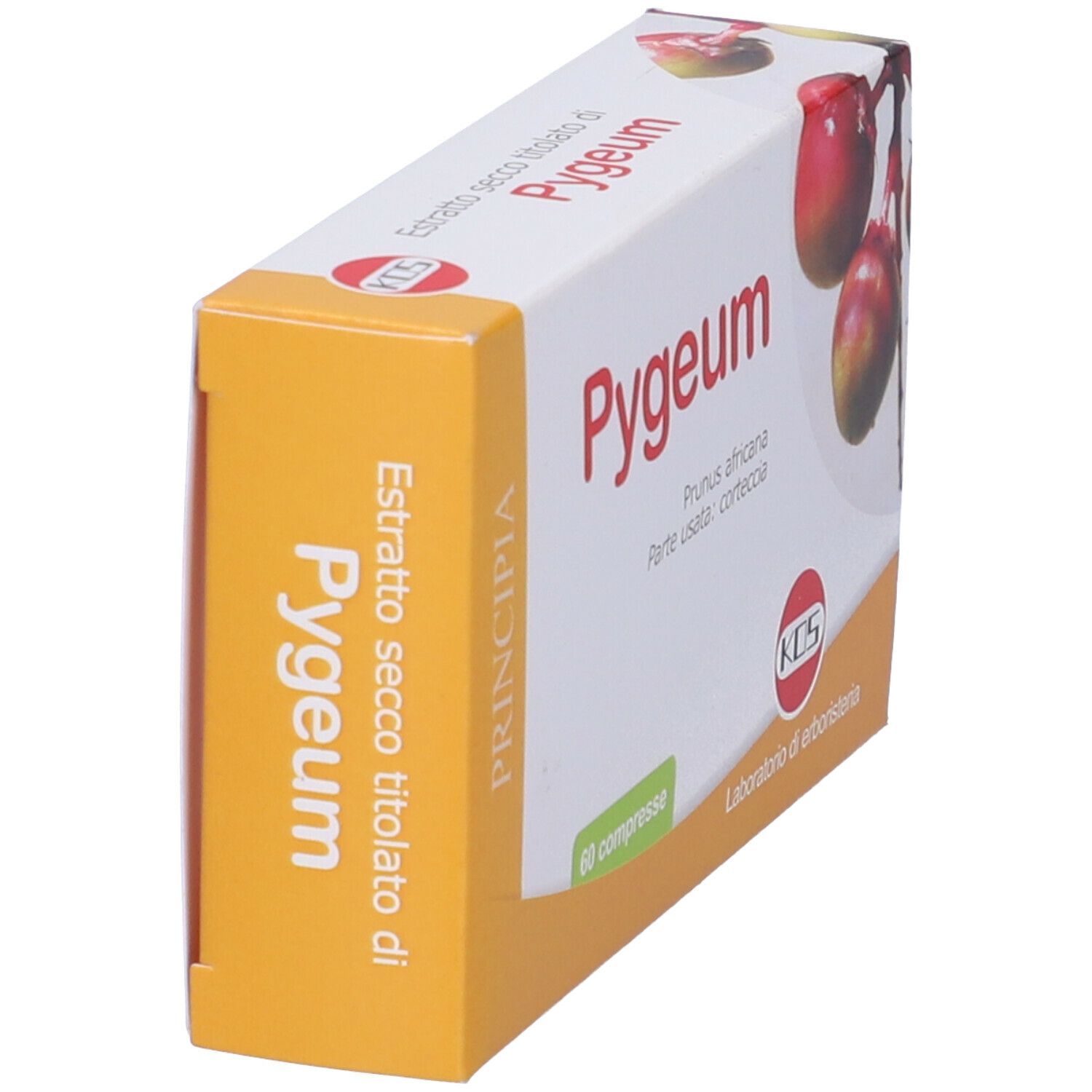 KOS Pygeum-Verpackung. Orange-weiße Schachtel mit Produktnamen und Abbildung von Früchten. 60 Tabletten.
