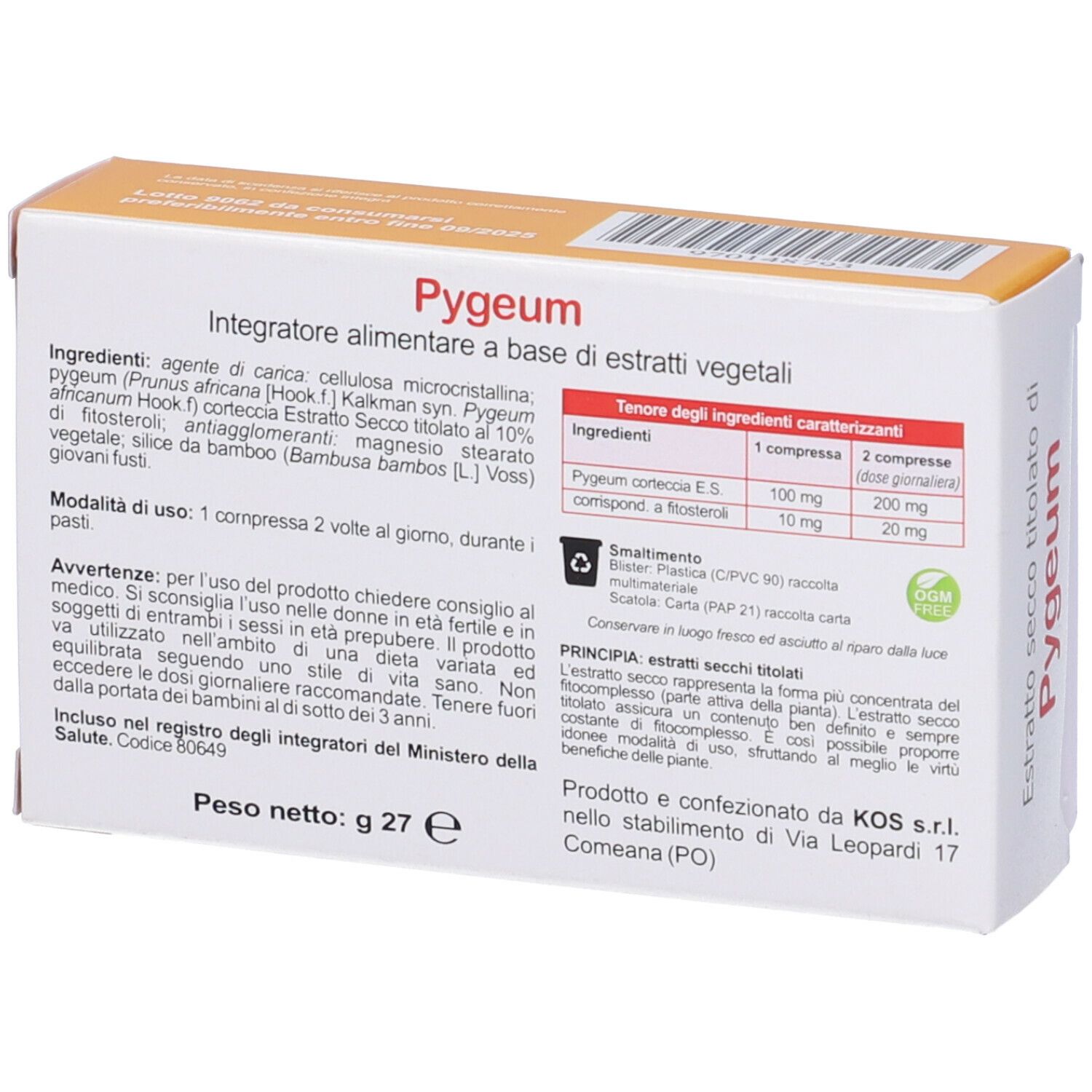 Rückseite der KOS Pygeum-Verpackung. Enthält Informationen zu Inhaltsstoffen und Dosierung. Gewicht: 27 g.