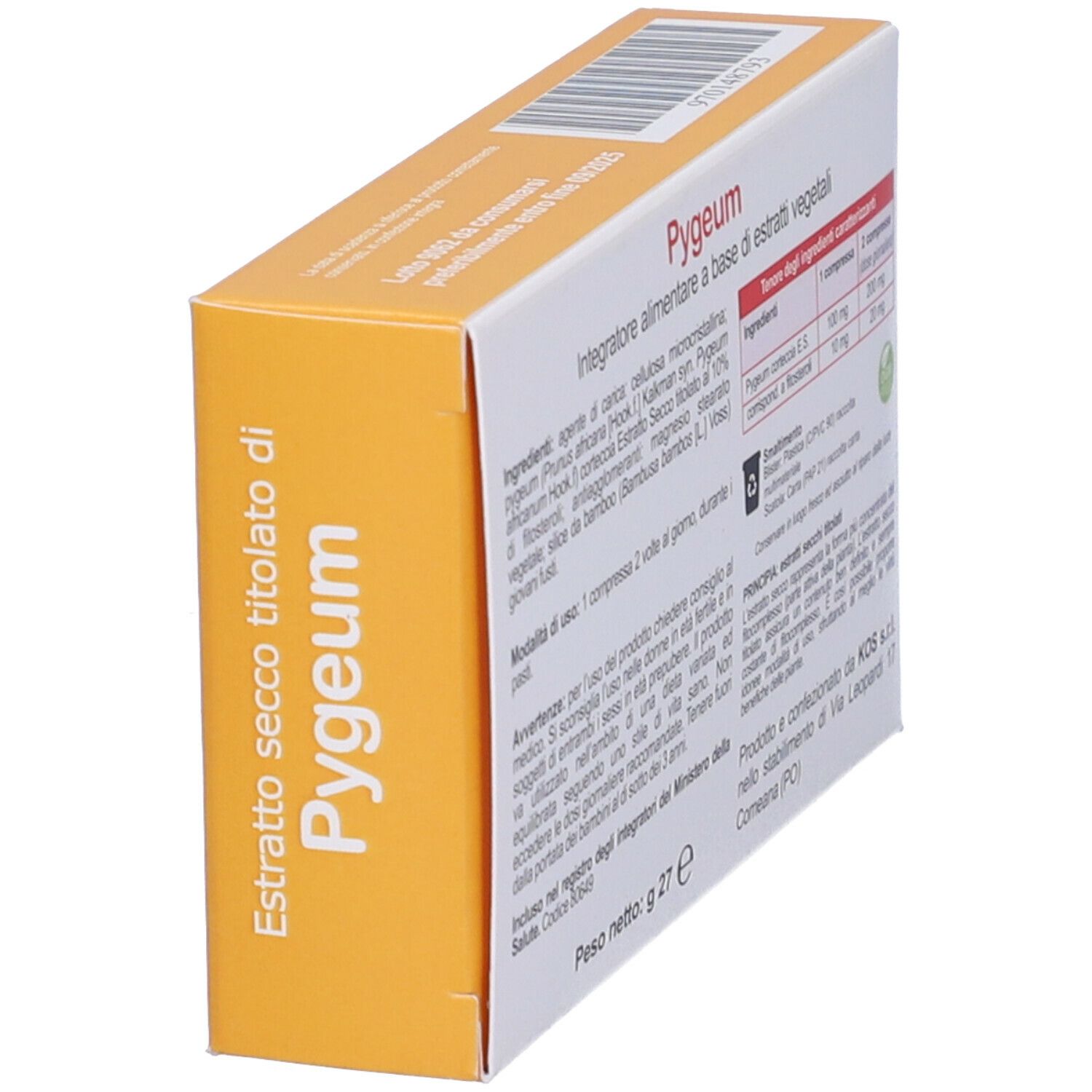 KOS Pygeum-Verpackung. Orange-weiße Schachtel mit Produktnamen und Informationen. Gewicht: 27 g.