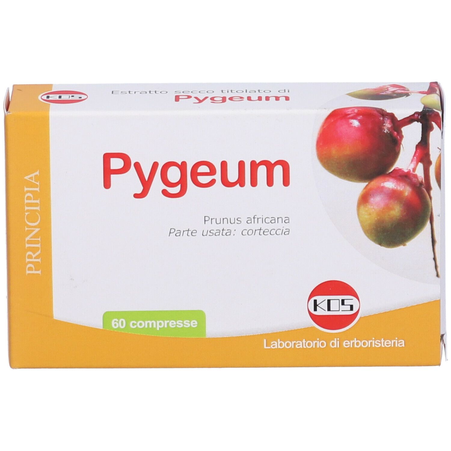 KOS Pygeum-Verpackung. Orange-weiße Schachtel mit Produktnamen und Abbildung von Früchten. 60 Tabletten.