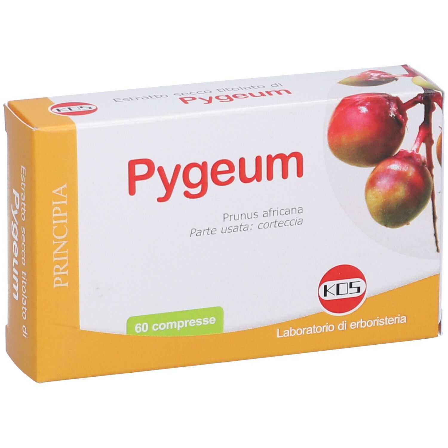 KOS Pygeum-Verpackung. Orange-weiße Schachtel mit Produktnamen und Abbildung von Früchten. 60 Tabletten.