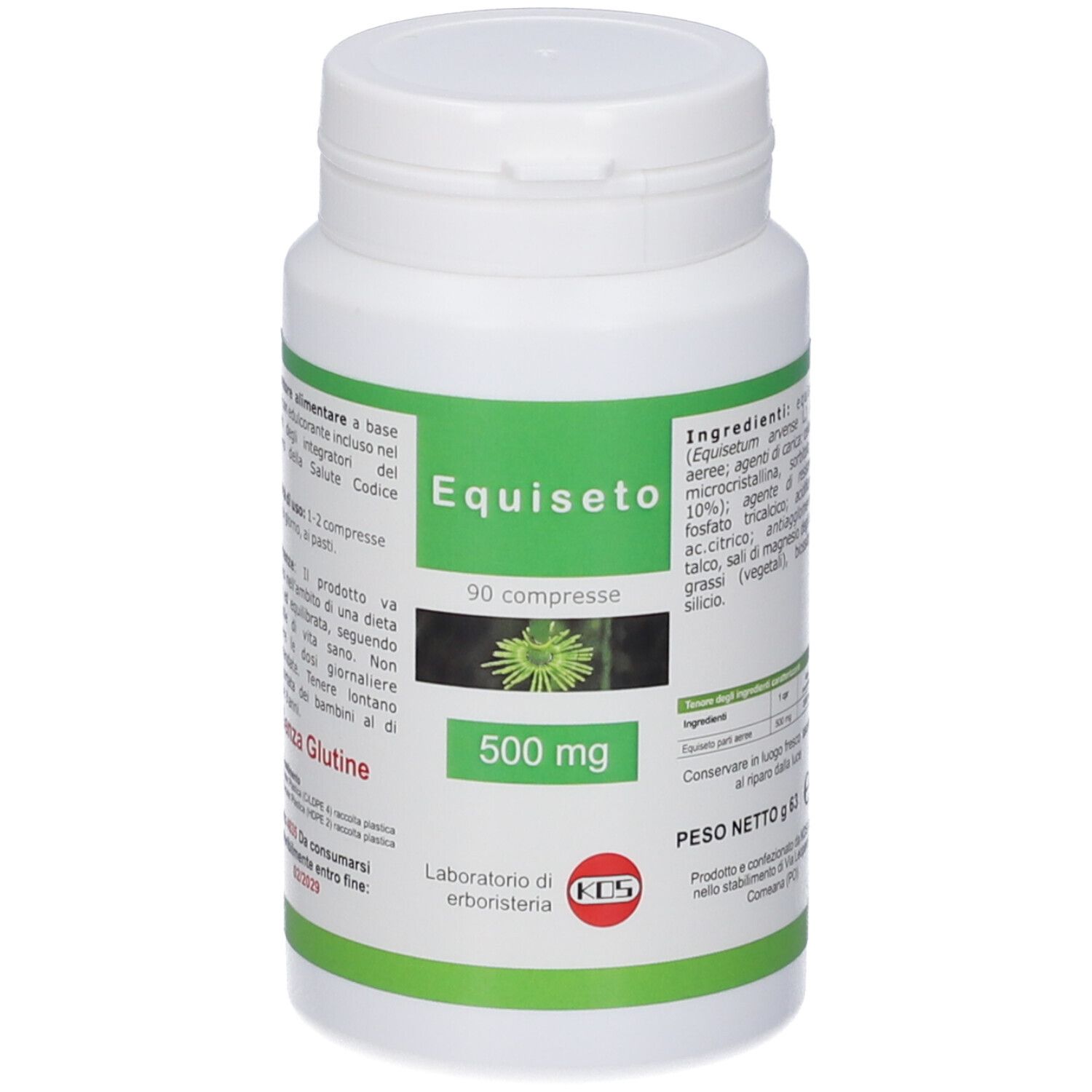Pot de pilules blanc avec étiquette verte, 90 comprimés, 500 mg. Image de plante.