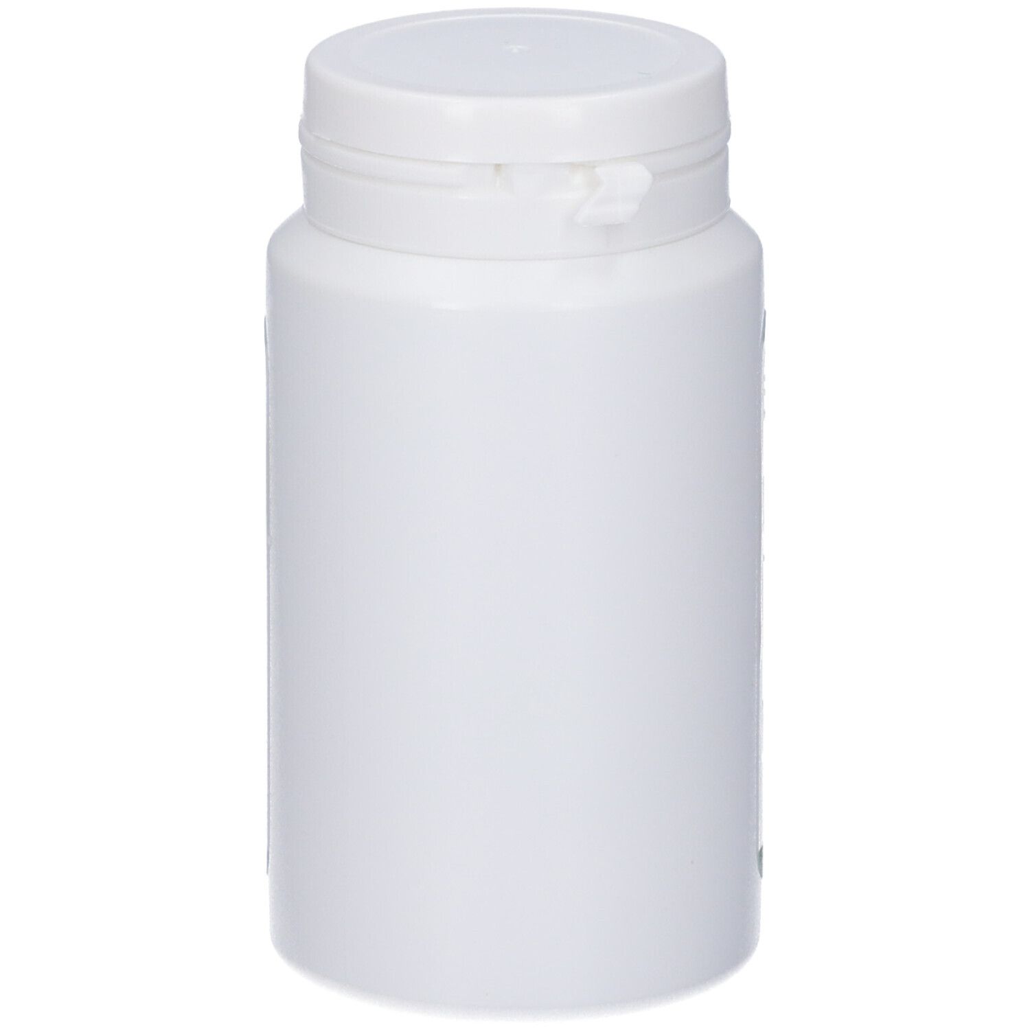 Un pot de pilules blanc vide avec un couvercle blanc, vu de côté.