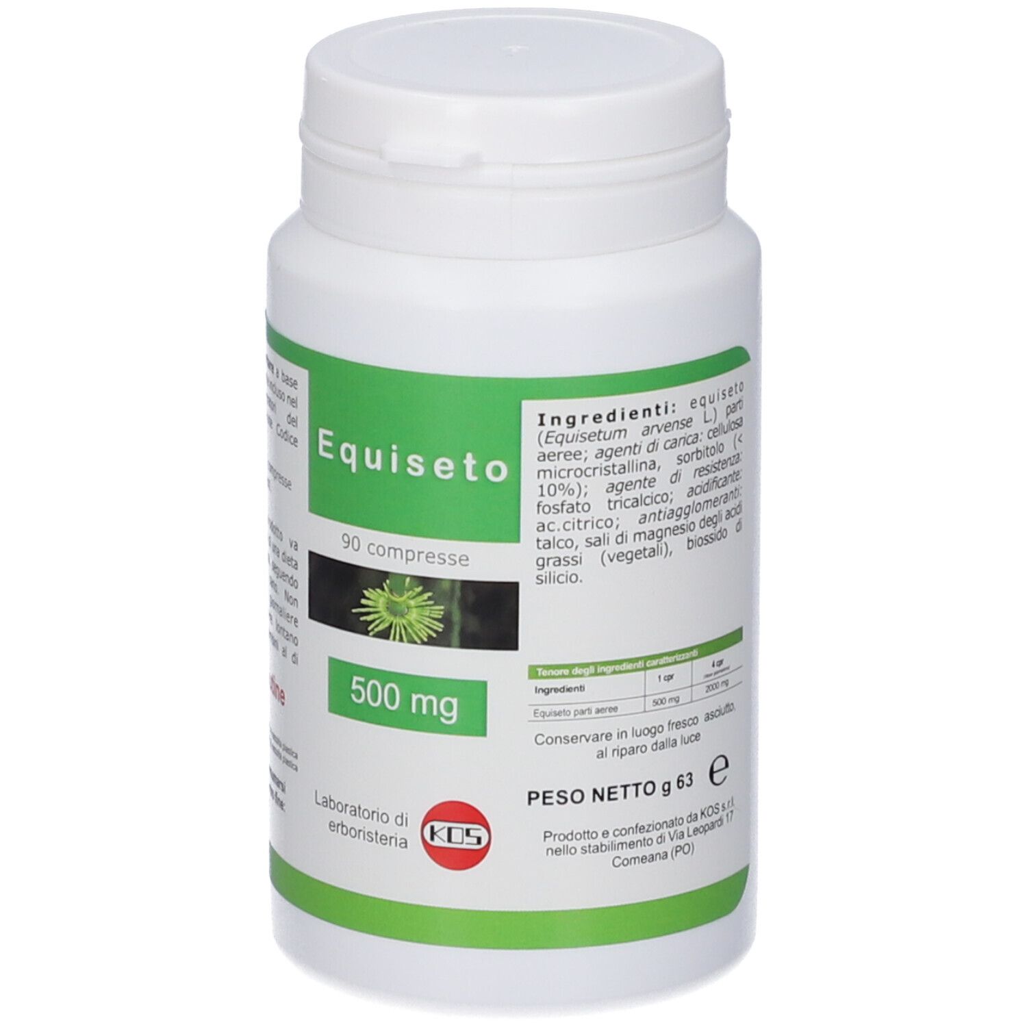 Pot de pilules blanc avec étiquette verte, 90 comprimés, 500 mg. Image de plante.