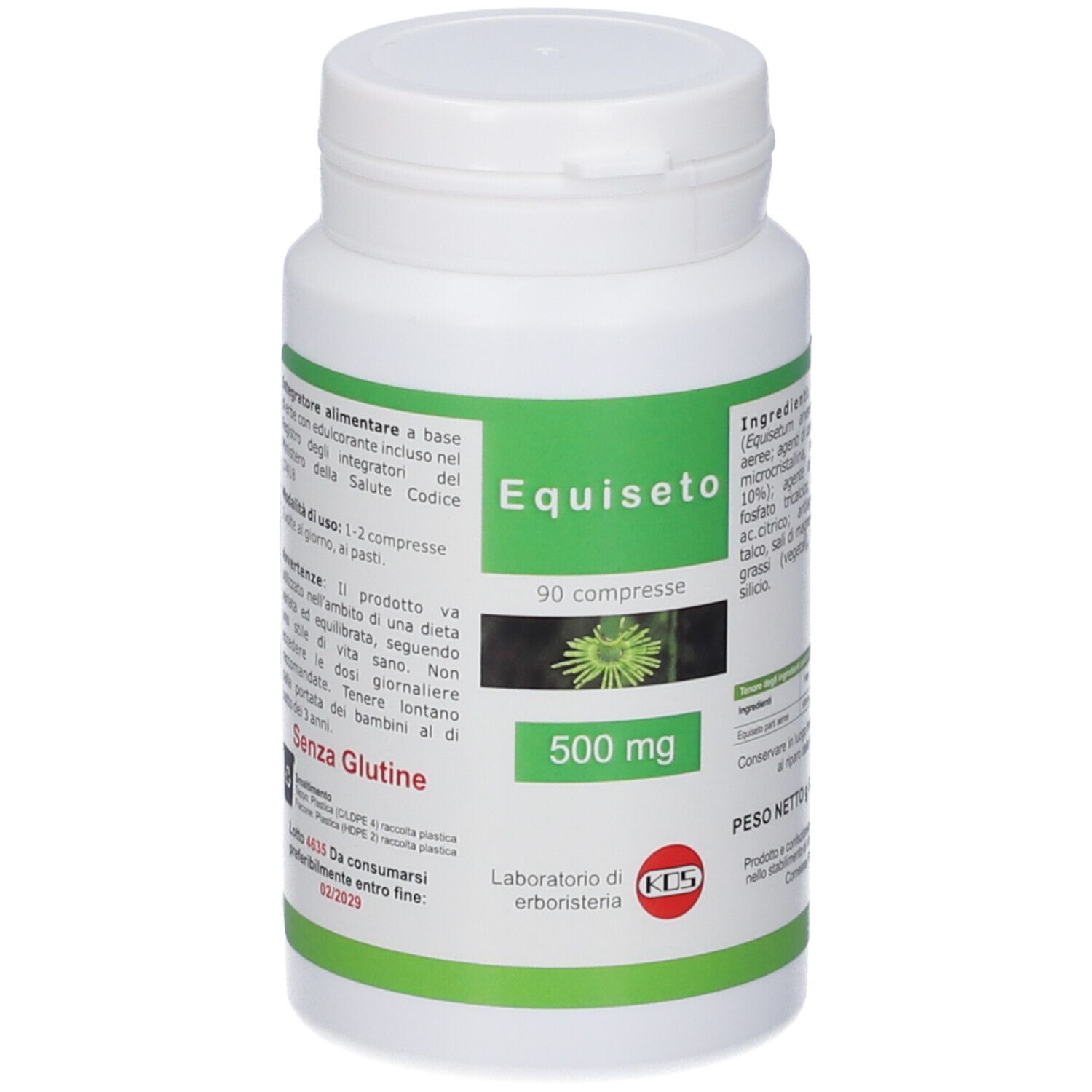 Pot de pilules blanc avec étiquette verte. Contient des informations sur les ingrédients et sans gluten.