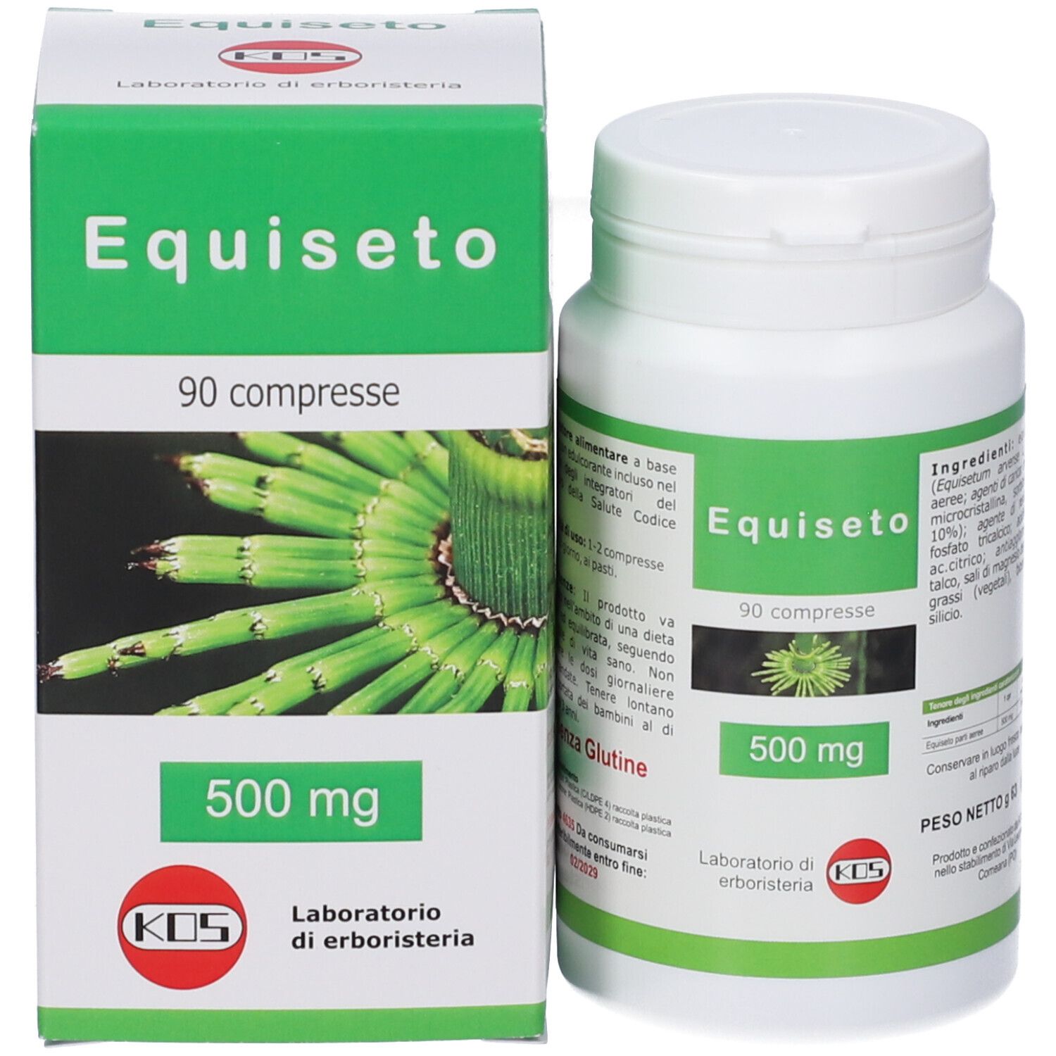 Boîte et pot de pilules côte à côte. Les deux montrent 'Equiseto', 90 comprimés, 500 mg et une plante.