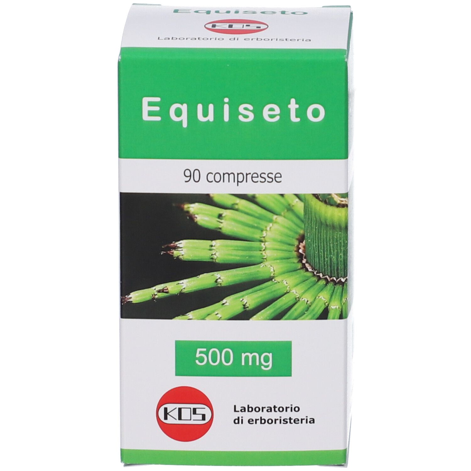 Boîte avec étiquette verte. Montre 'Equiseto', 90 comprimés, 500 mg et une plante.