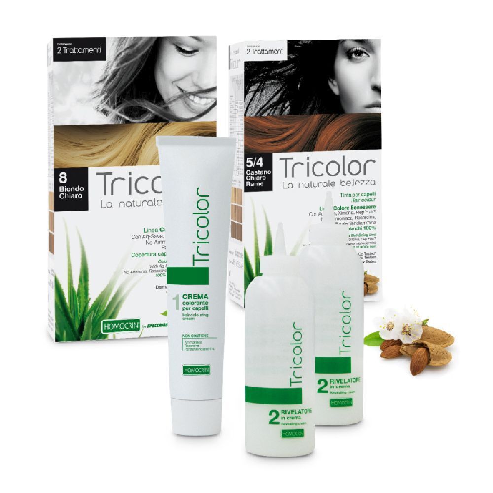 Haarfärbemittel-Set mit Creme, Flaschen und Verpackungen. Enthält Tricolor-Markenprodukte. Auf der Verpackung sind Haarfarbenbeispiele abgebildet.