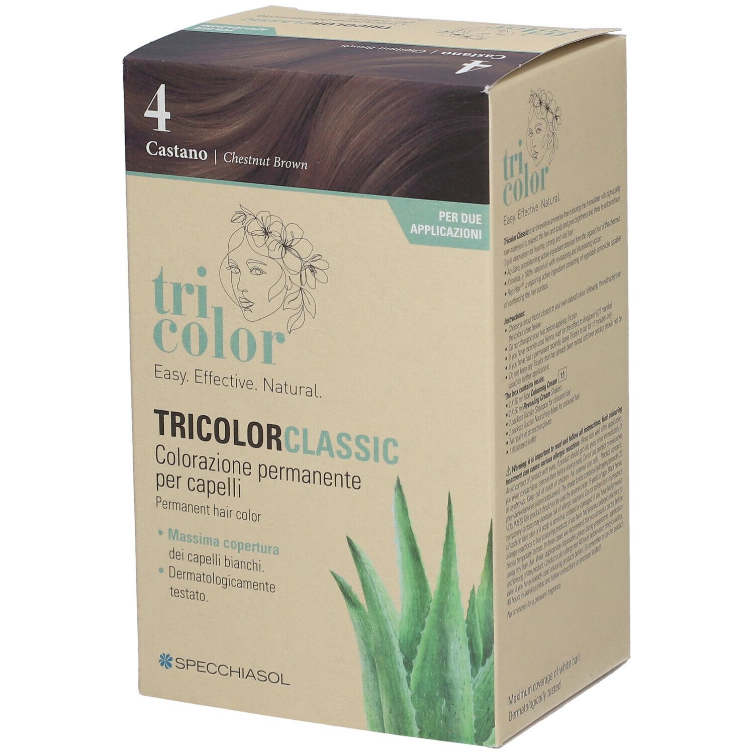 Kartonverpackung für Haarfärbemittel. Auf der Vorderseite steht „Tricolor Classic“ und „4 Castano“. Aloe-Vera-Blatt-Illustration.